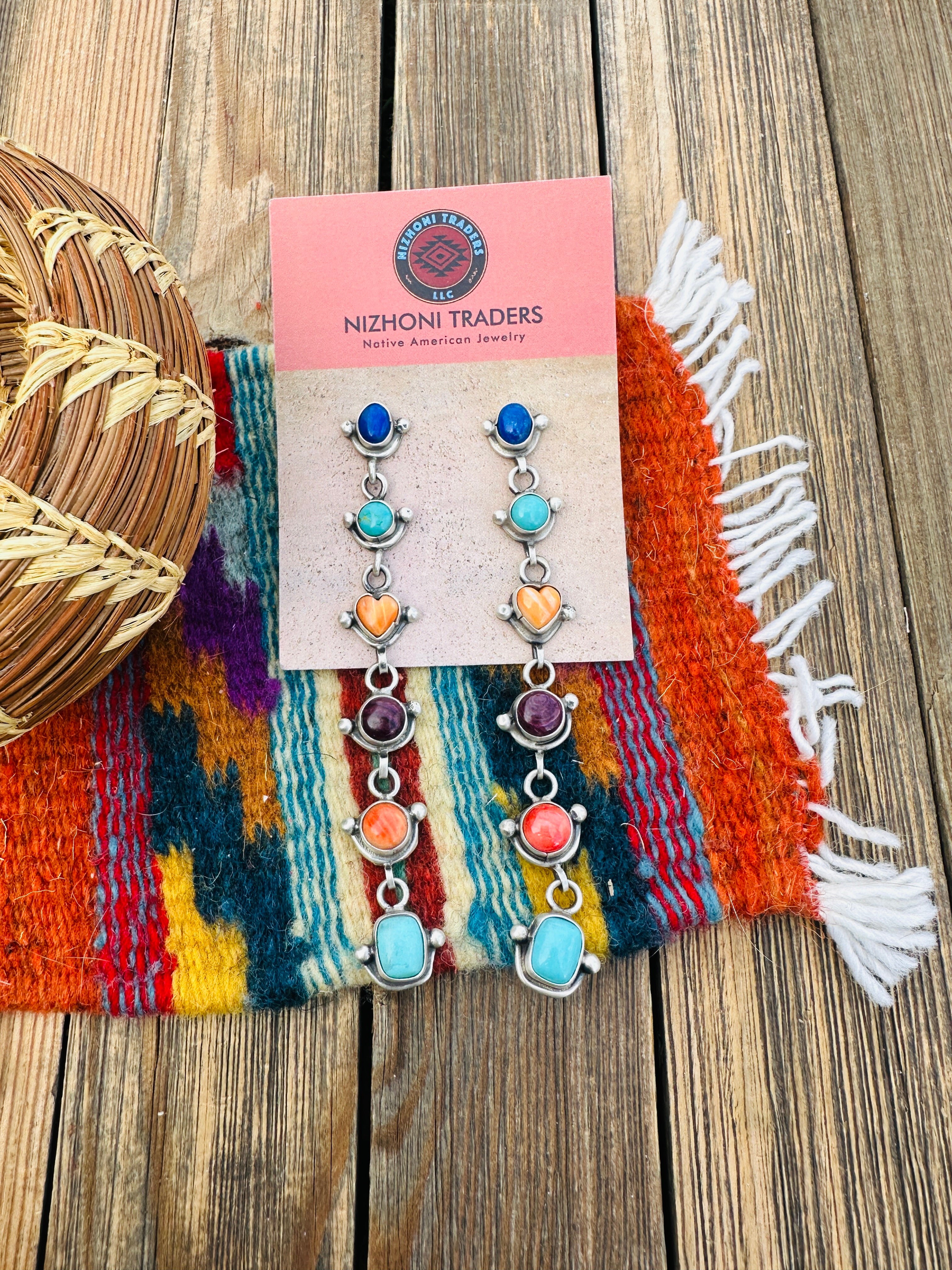 Handcrafted Multi Stone And Sterling Silver Heart Dangle Earrings by Juanita McDonald