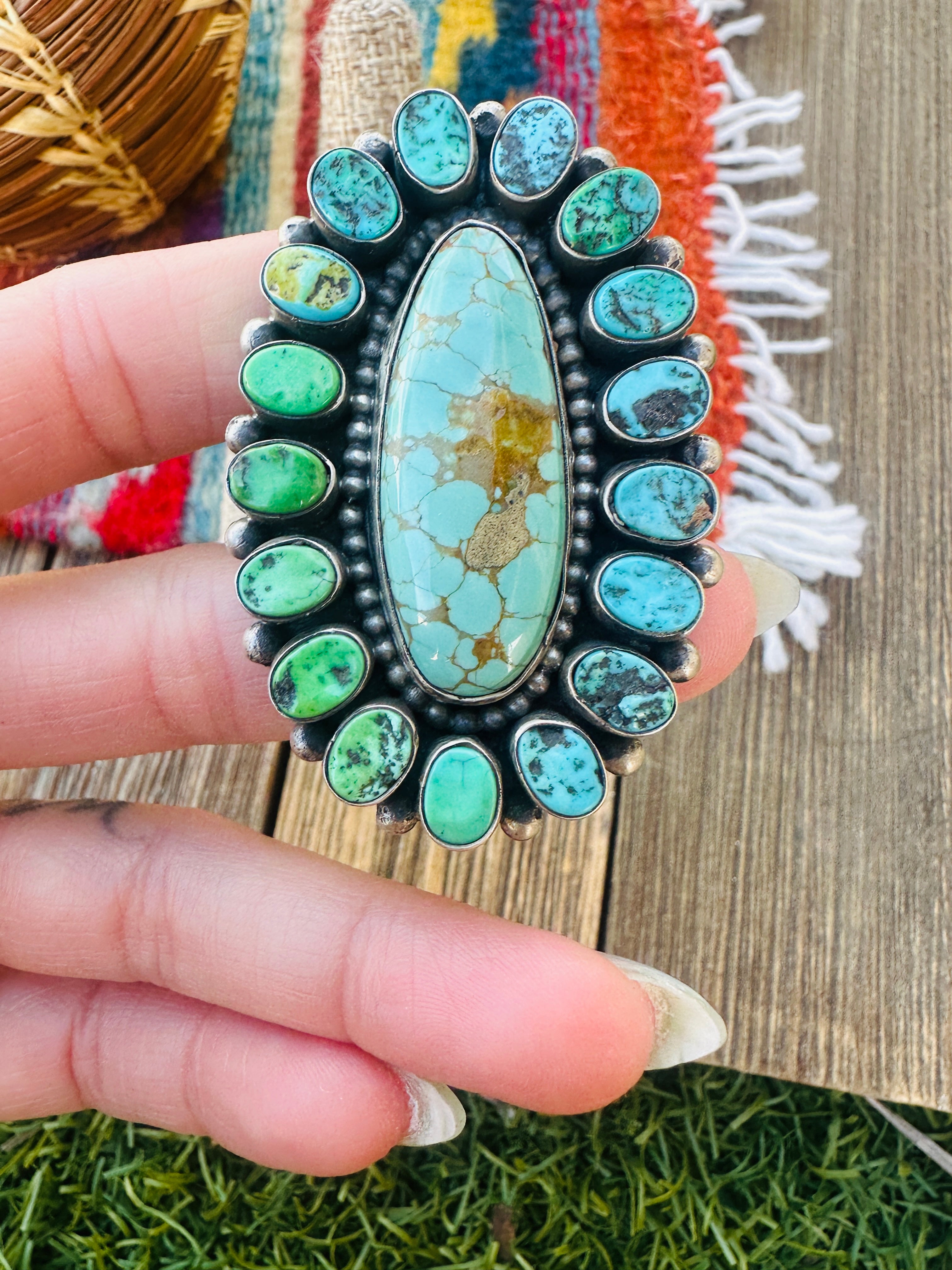Handcrafted Kingman Turquoise & Sterling Silver Cluster Ring Size 8 by Blaine Yellowhorse
