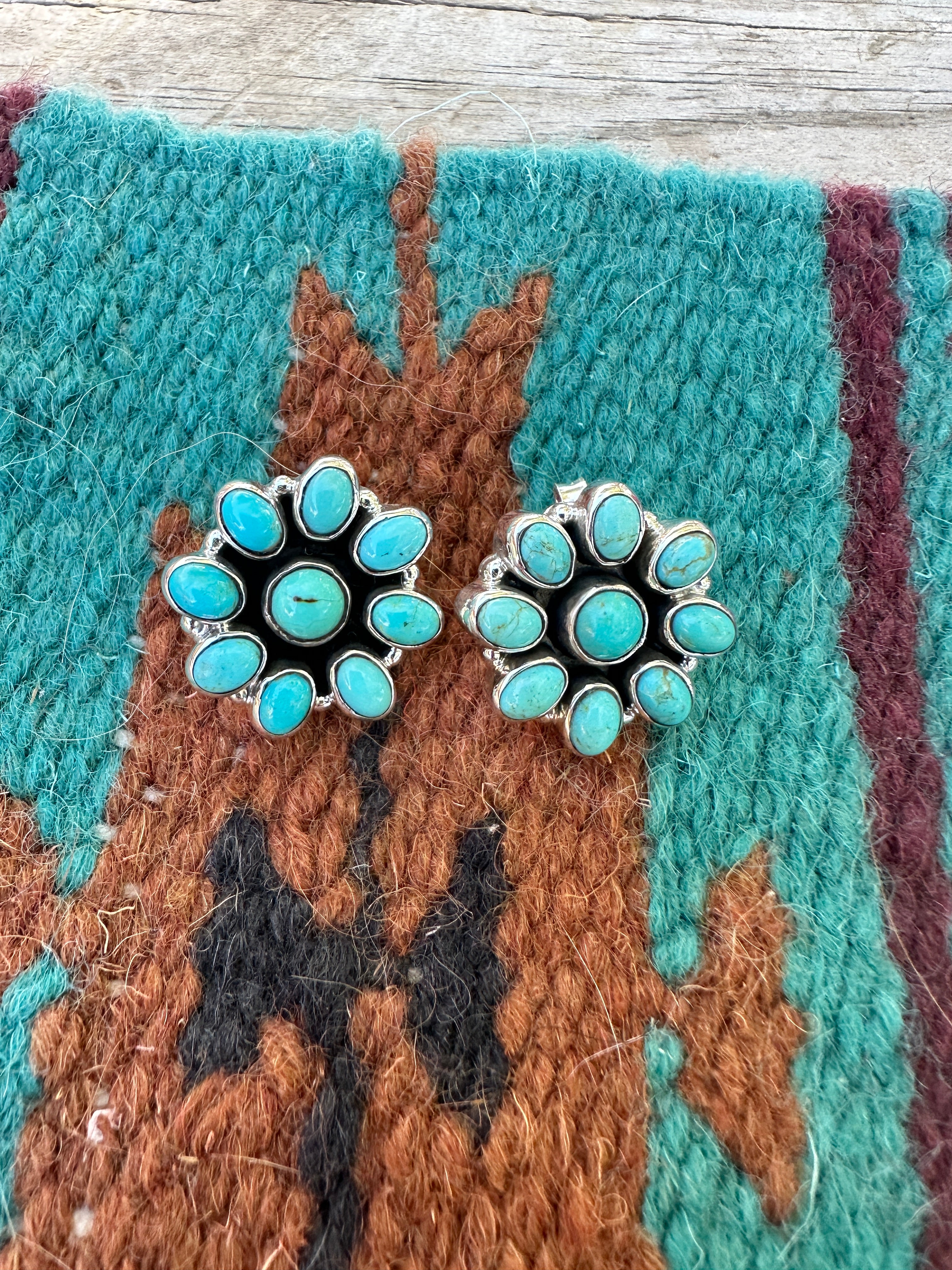 Handmade Flower Sterling Silver & Turquoise Post Earrings Signed Nizhoni