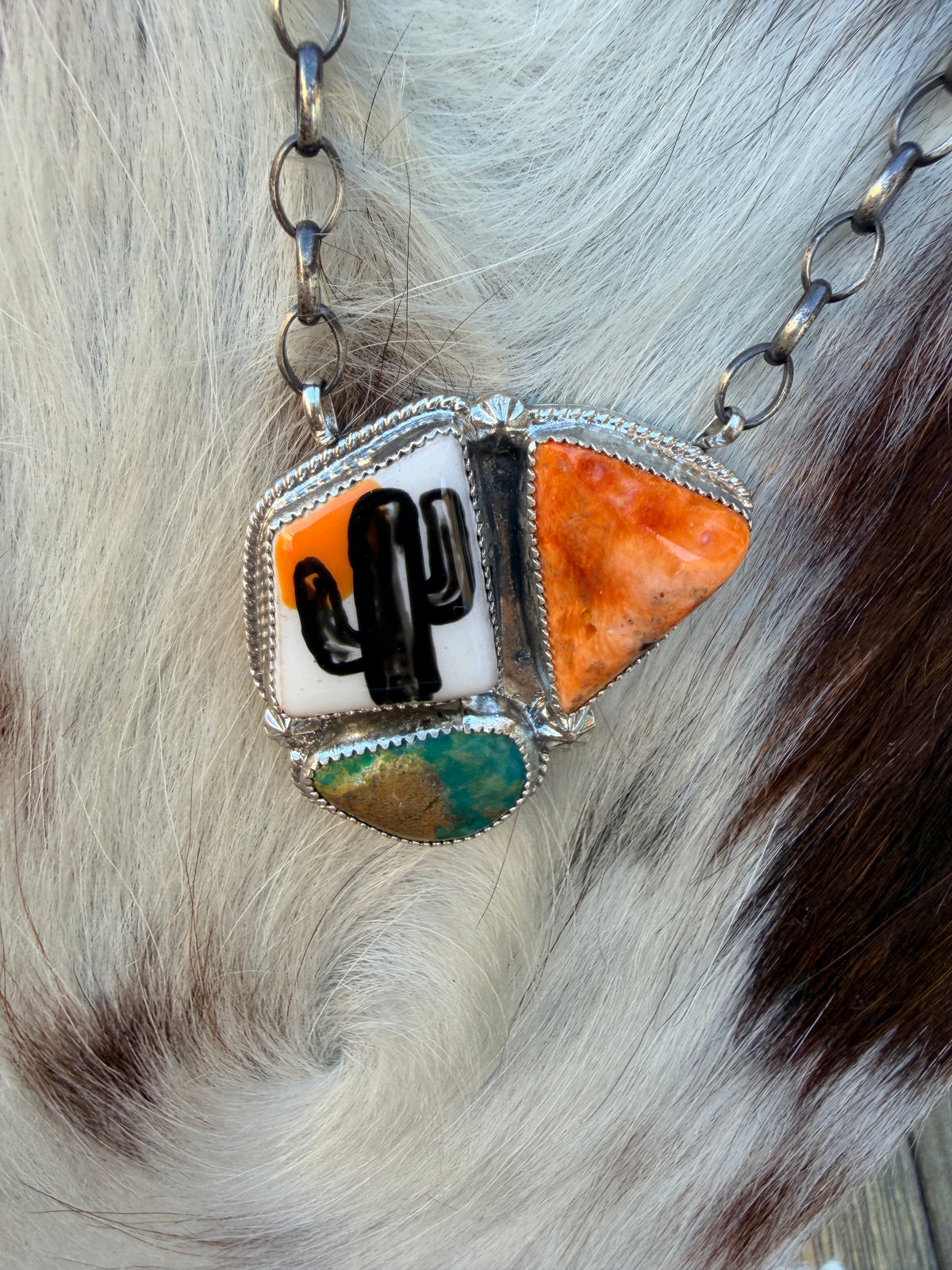 Handmade Sterling Silver & Multi Stone Painted Cactus Necklace