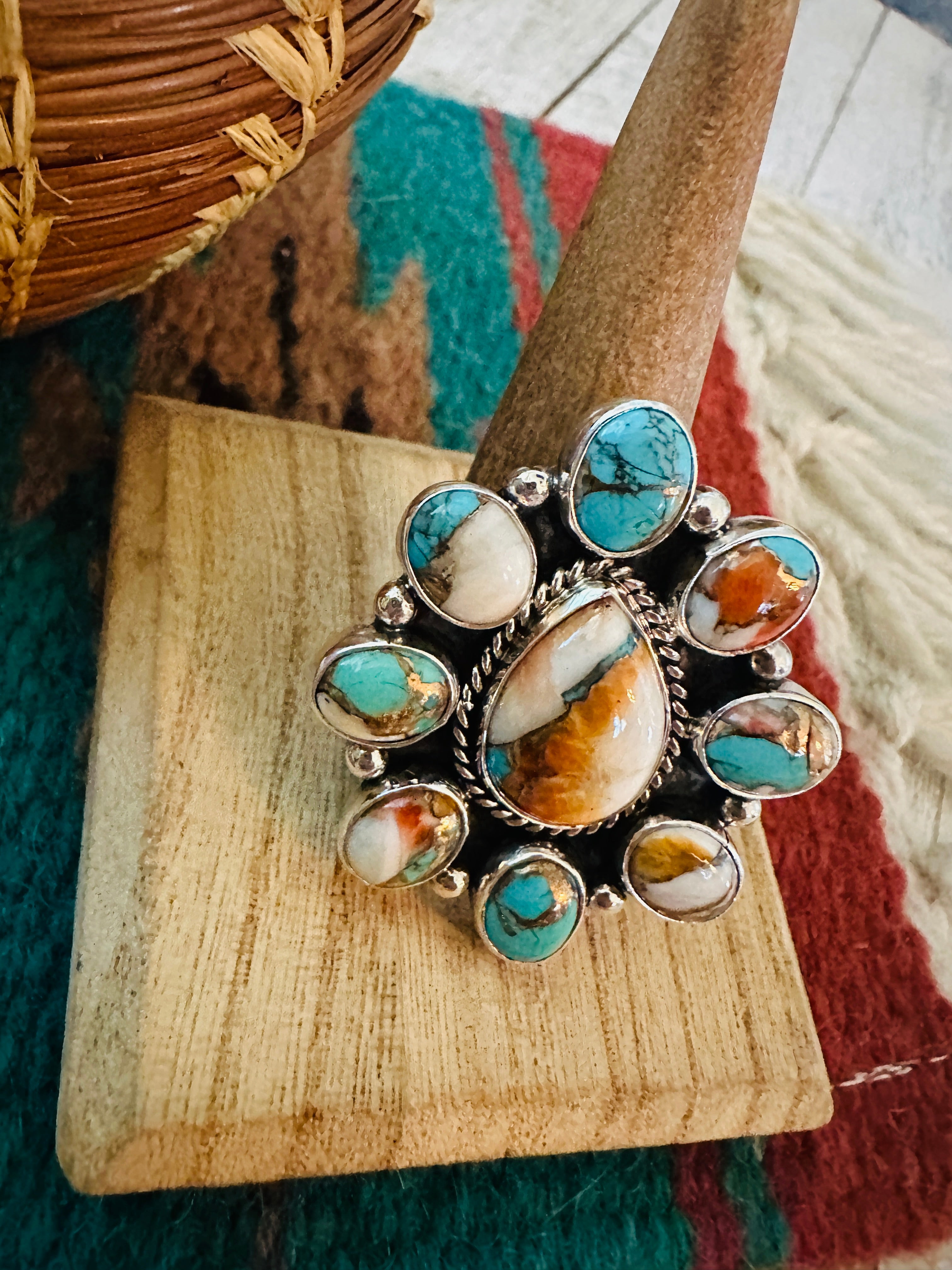 Navajo Sterling Silver & Multi Stone Spice Cluster Adjustable Ring