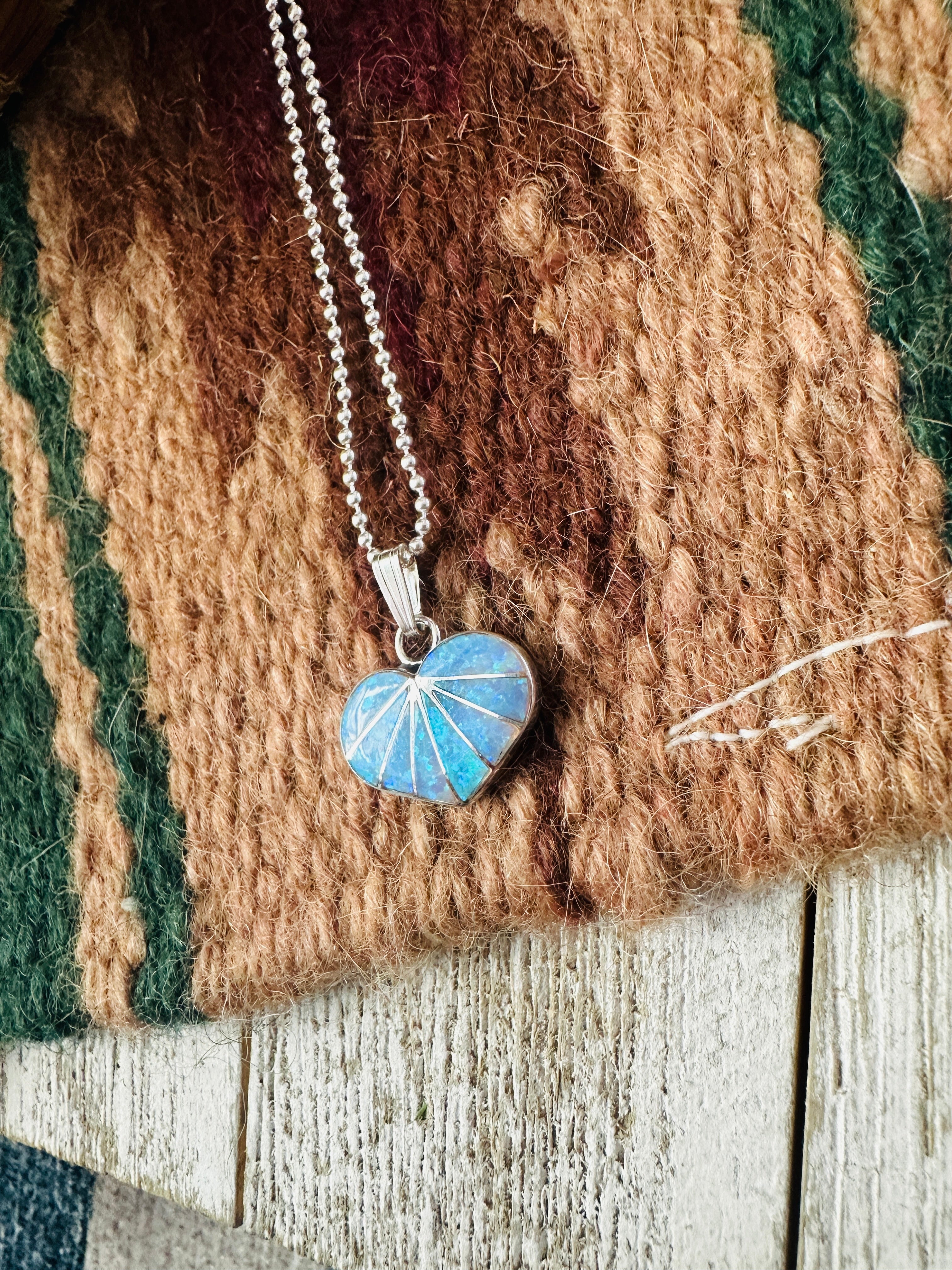 Handcrafted Blue Opal & Sterling Silver Inlay Heart Pendant