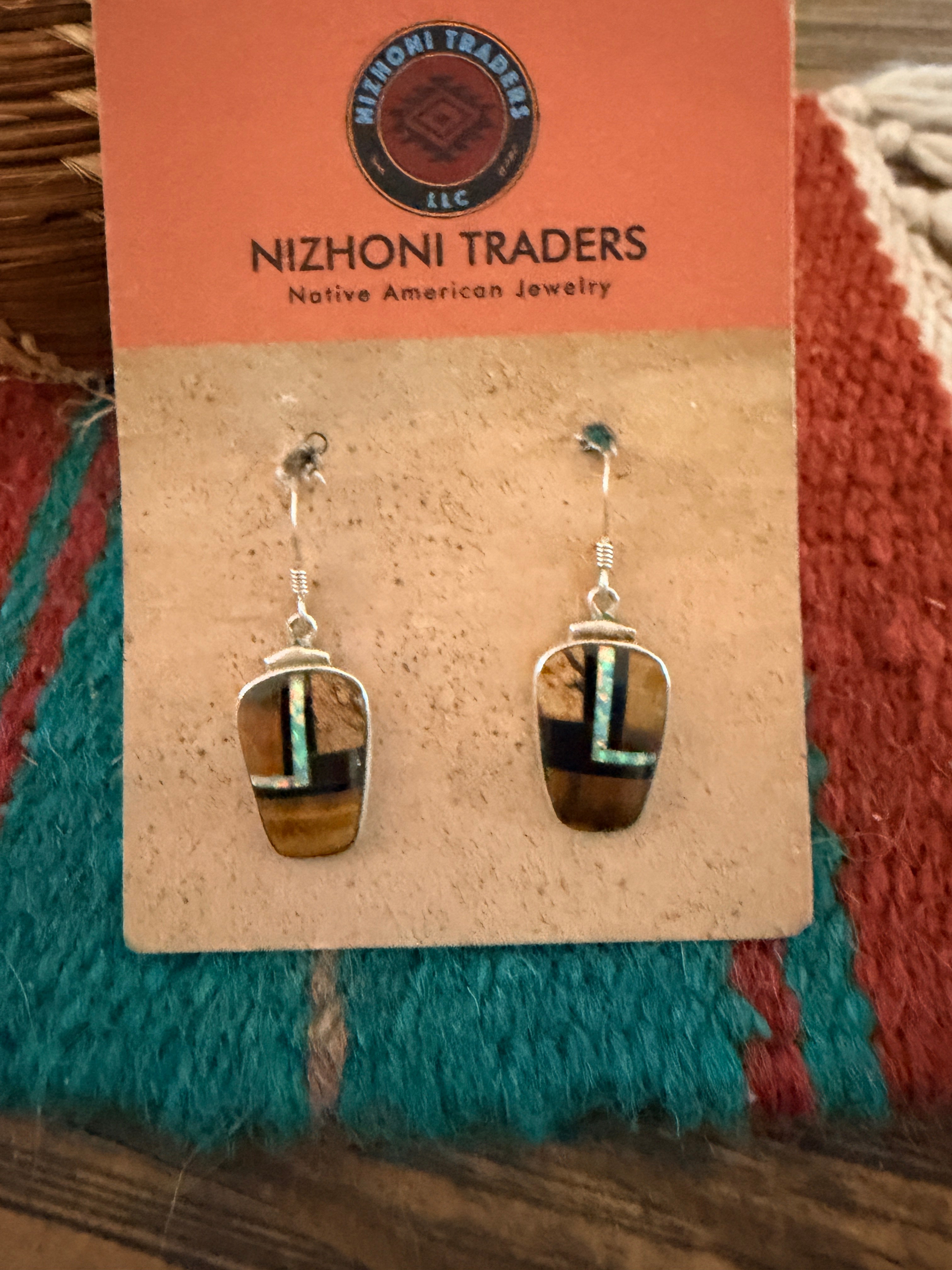 Old Pawn Handcrafted Sterling Silver & Multi Stone Inlay Dangle Earrings