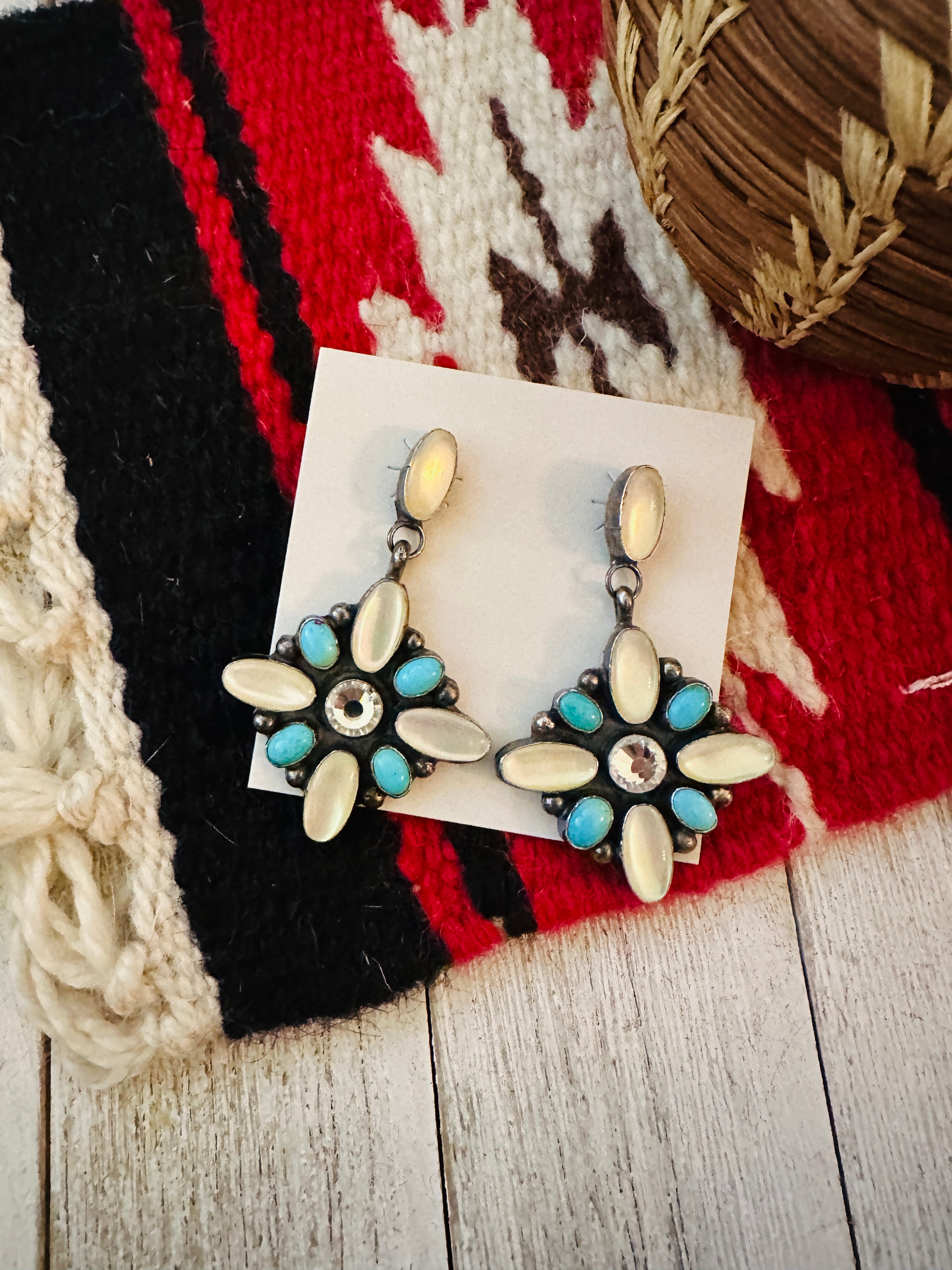 Navajo Mother of Pearl, Turquoise, CZ & Sterling Silver Dangle Earrings