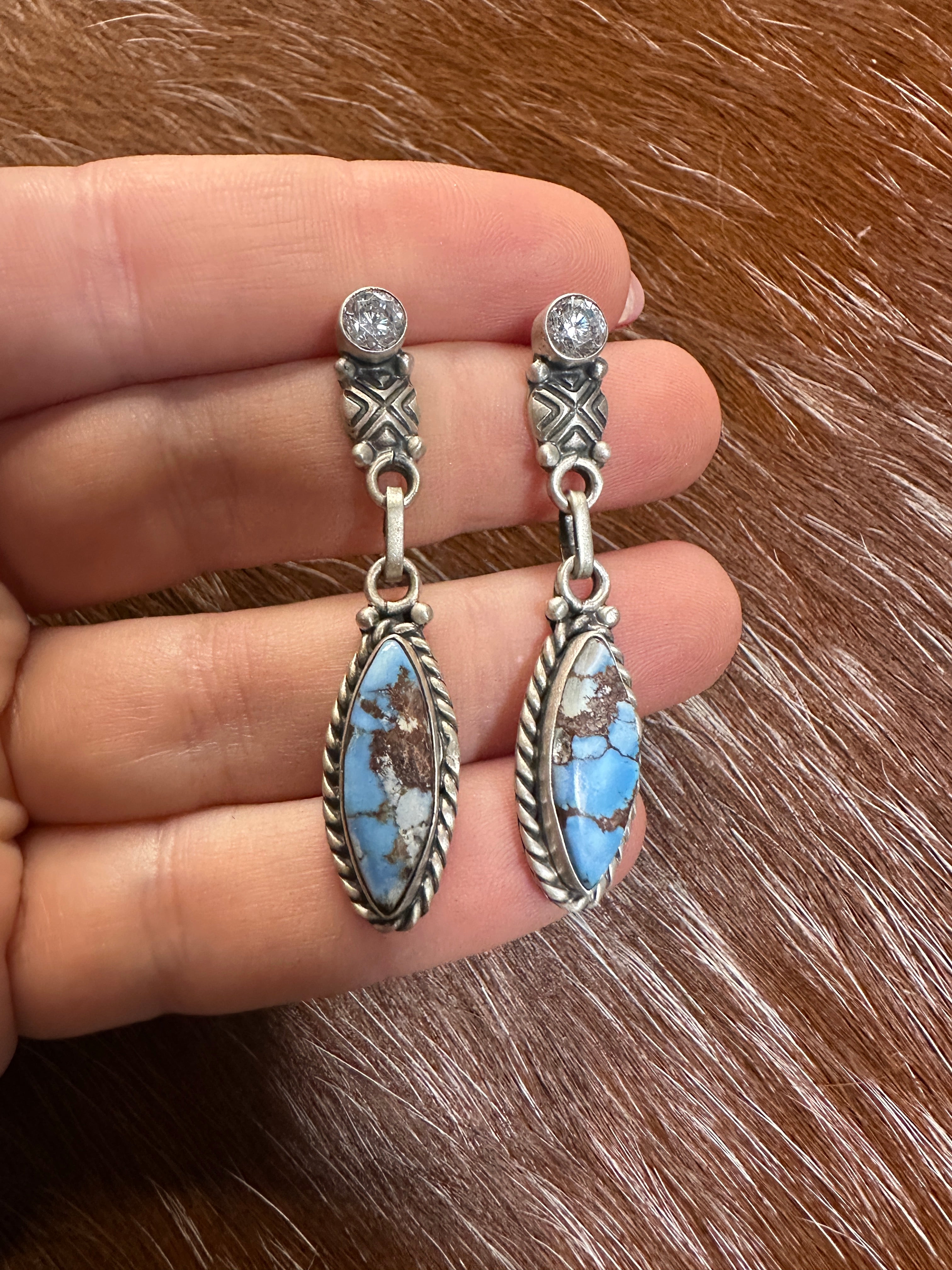 Handmade Sterling Silver Golden Hills Turquoise & CZ Earrings