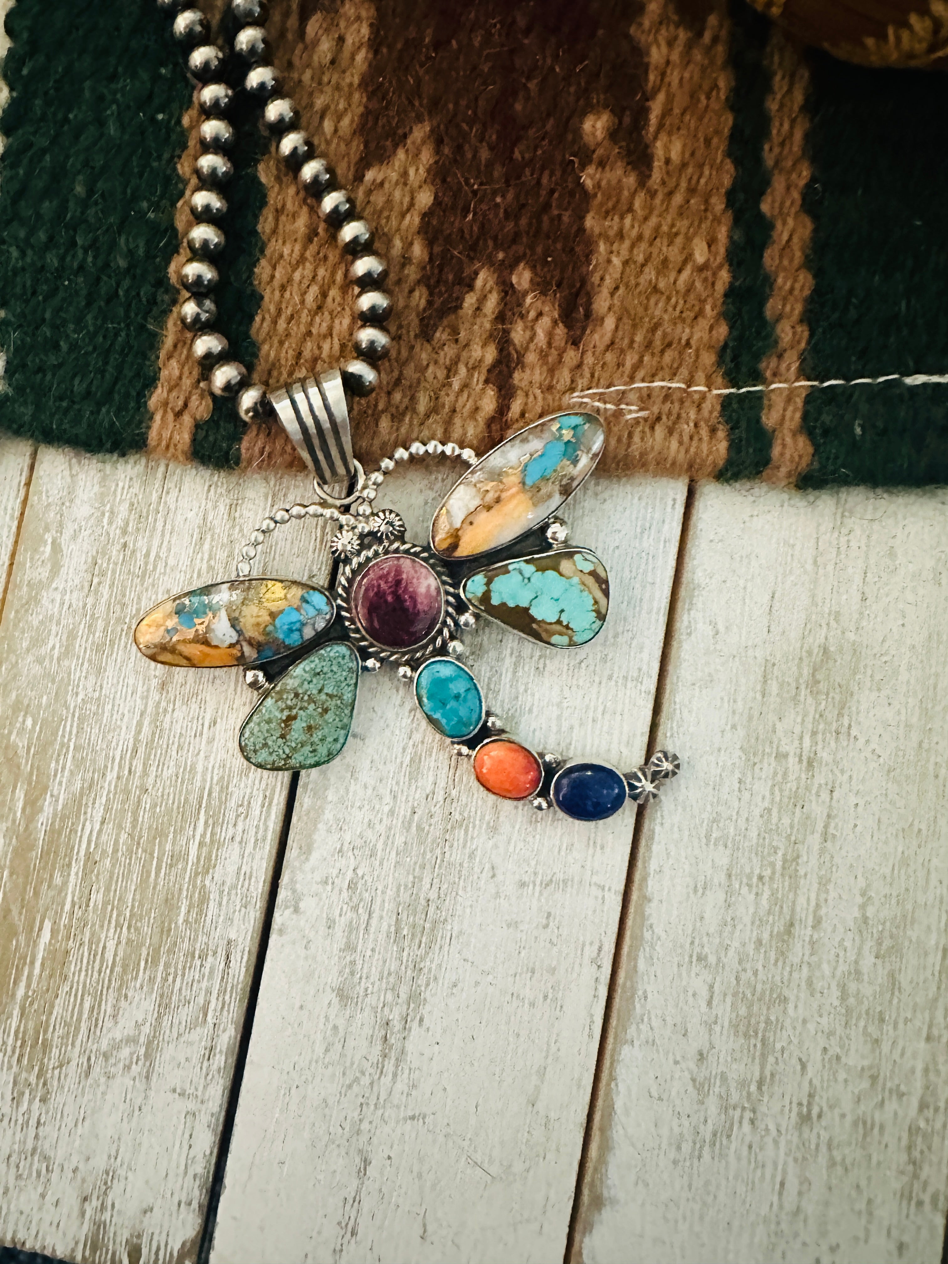 Navajo Multi Stone & Sterling Silver Dragonfly Pendant