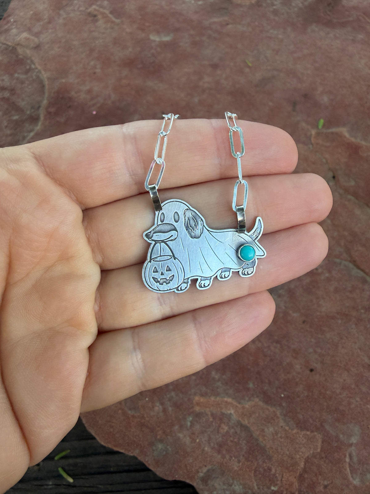 Handmade Sterling Silver & Kingman Turquoise 18” Wiener Dog Halloween ￼Necklace by Roaming Buffalo