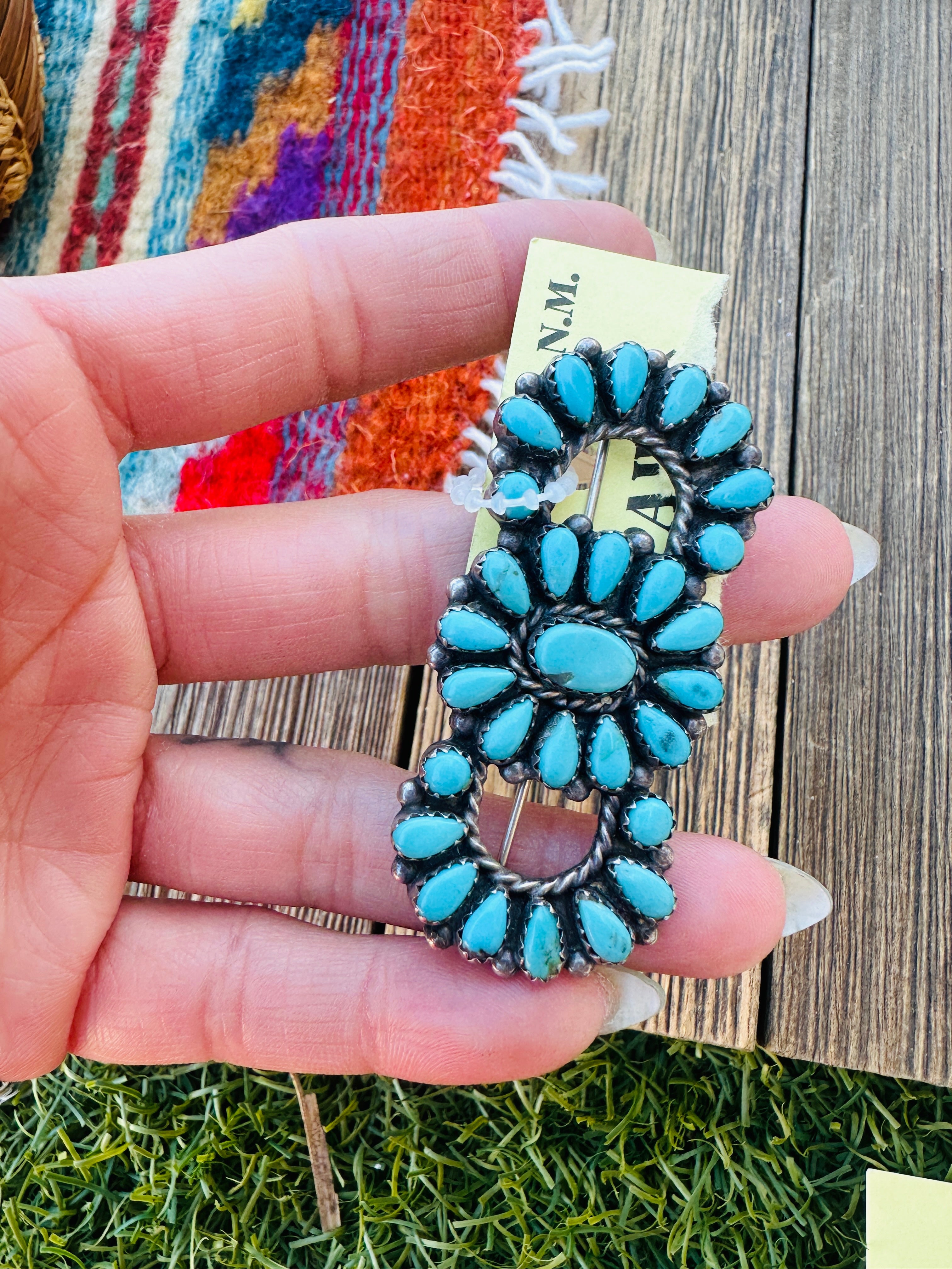 Old Pawn Handcrafted Turquoise and Sterling Silver Cluster Brooch