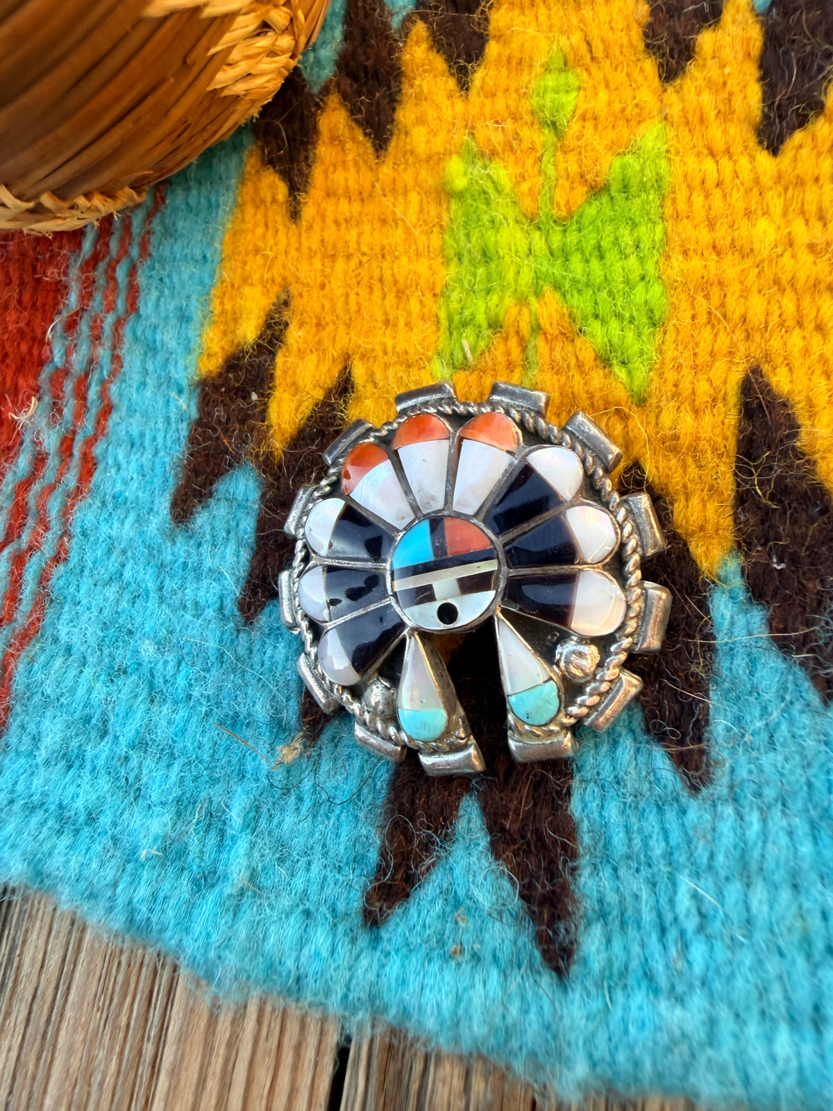 Old Pawn Handcrafted Multi Stone and Sterling Silver Inlay Sun Face Brooch/ Pendant