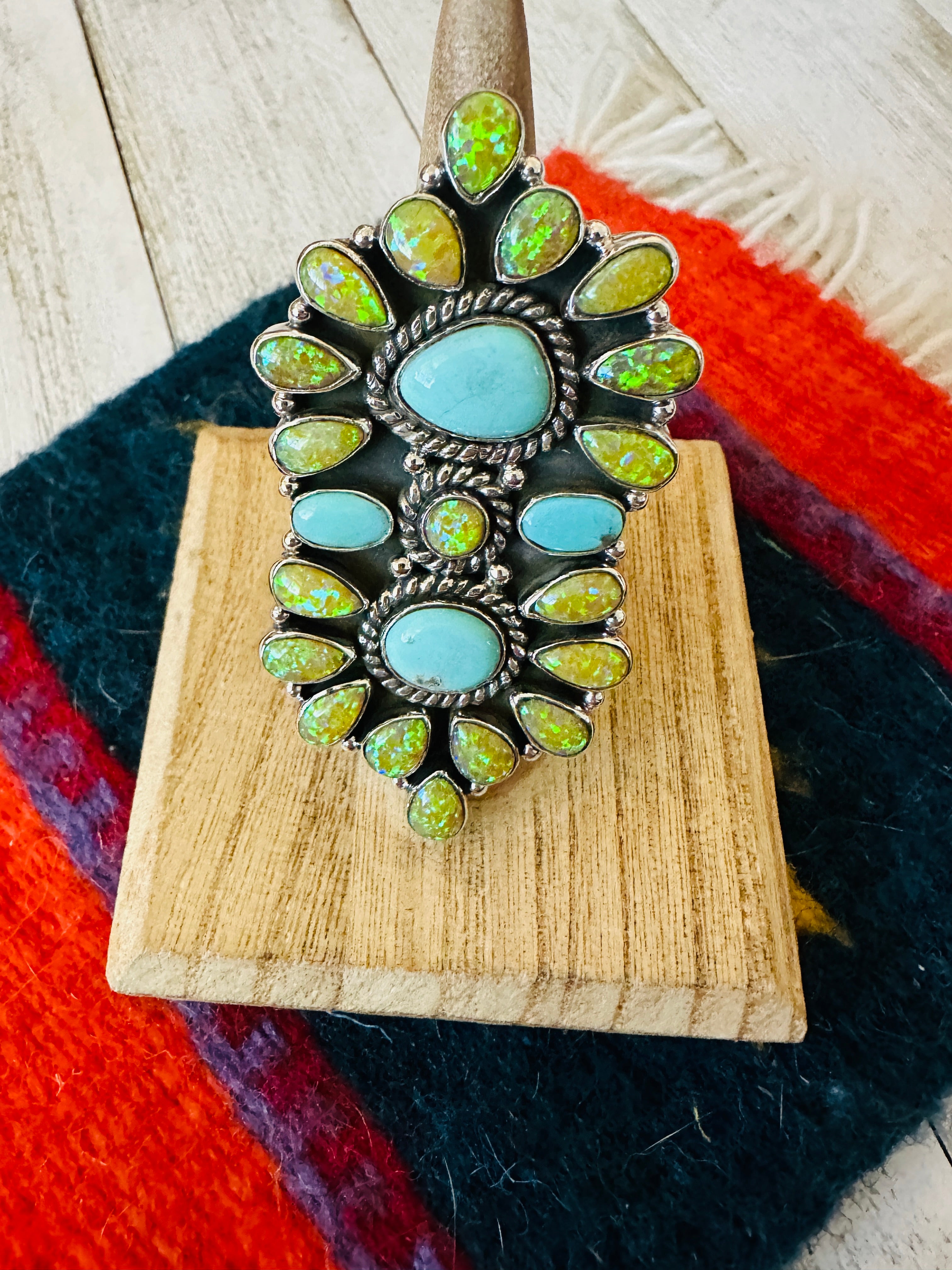 Handmade Sterling Silver, Opal & Turquoise Cluster Adjustable Ring by Nizhoni