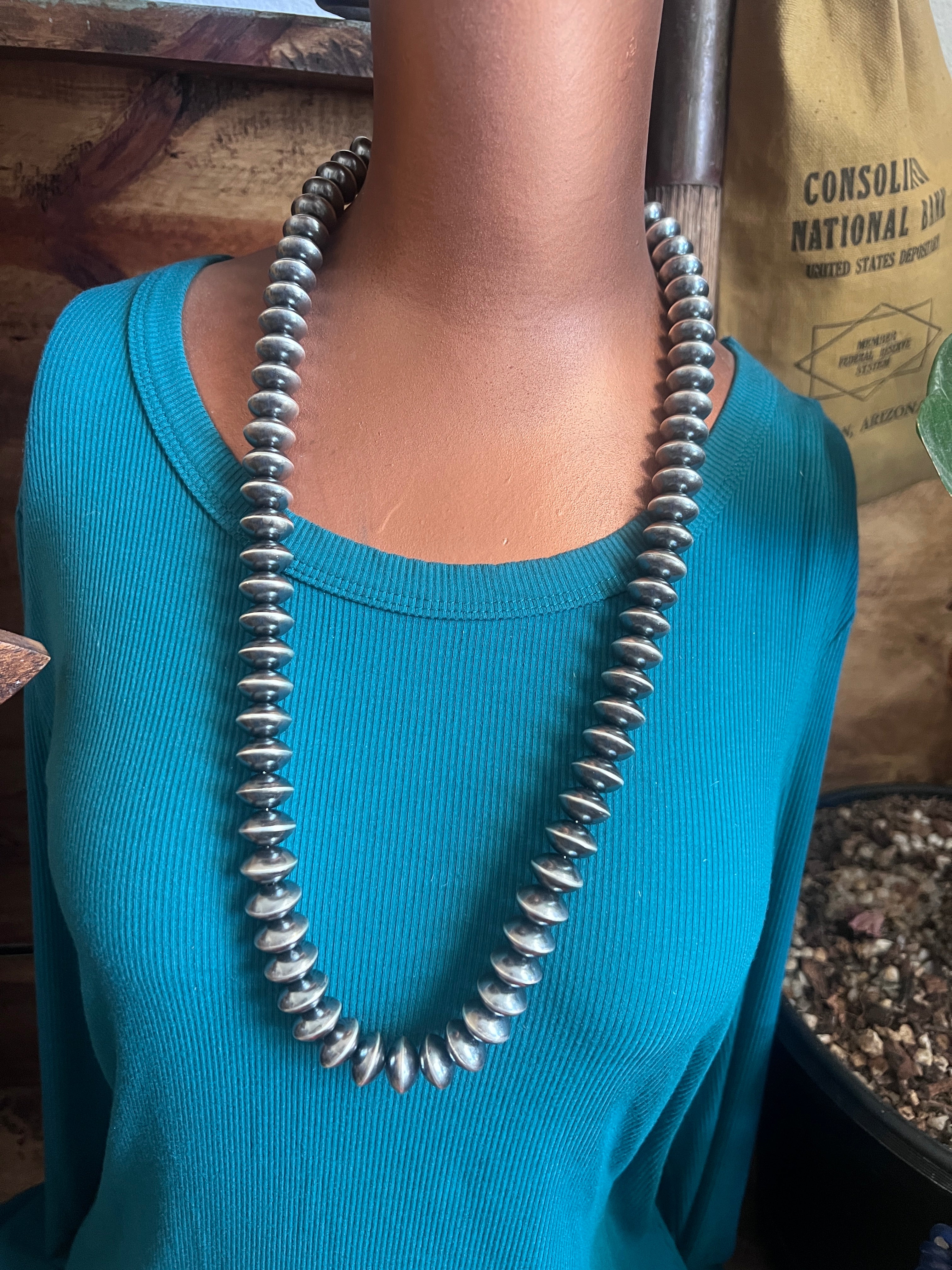 Handcrafted 15mm Sterling Silver Saucer Pearl Bead Necklace by Michelle Jameson, 29 inches