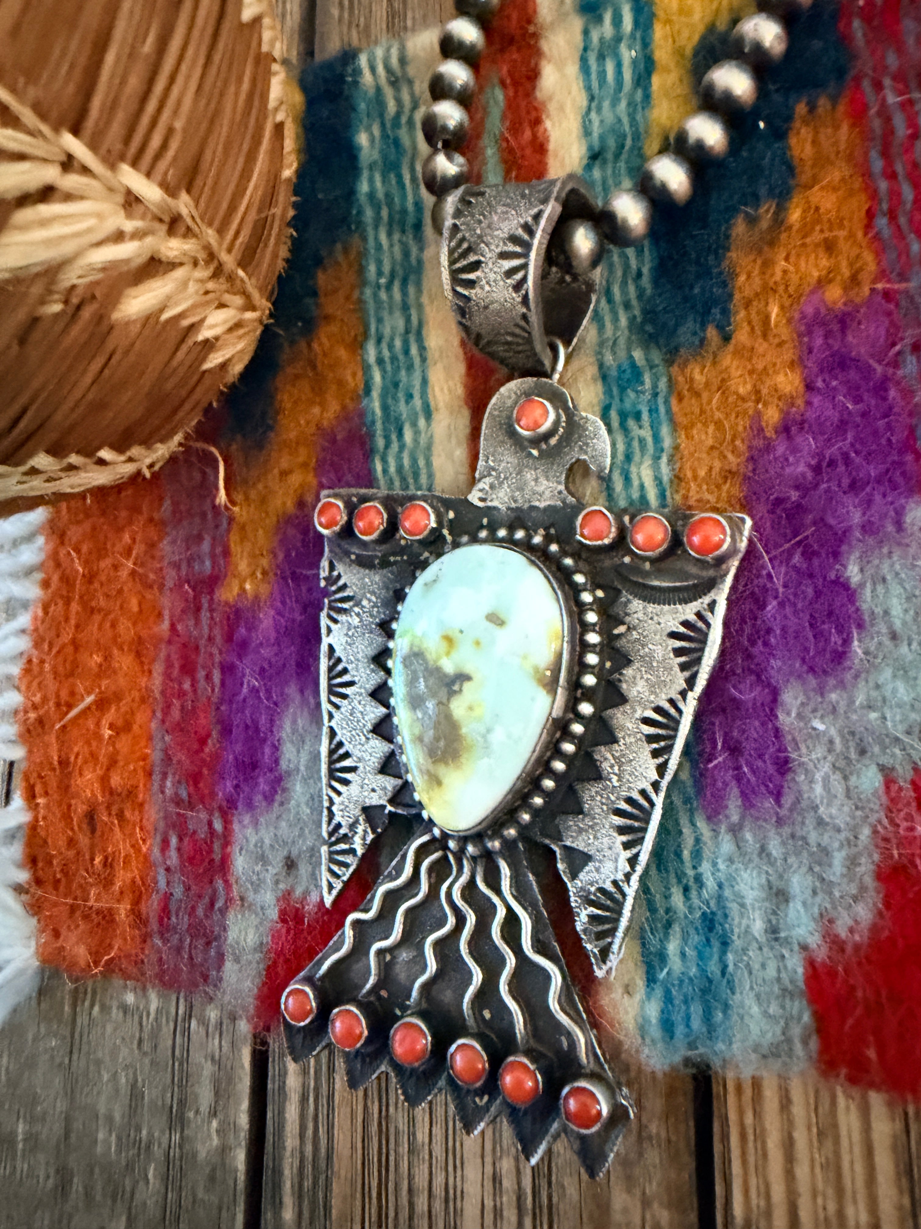 Handcrafted Sterling Silver, Turquoise & Coral Thunderbird Pendant by Shawn Cayatineto