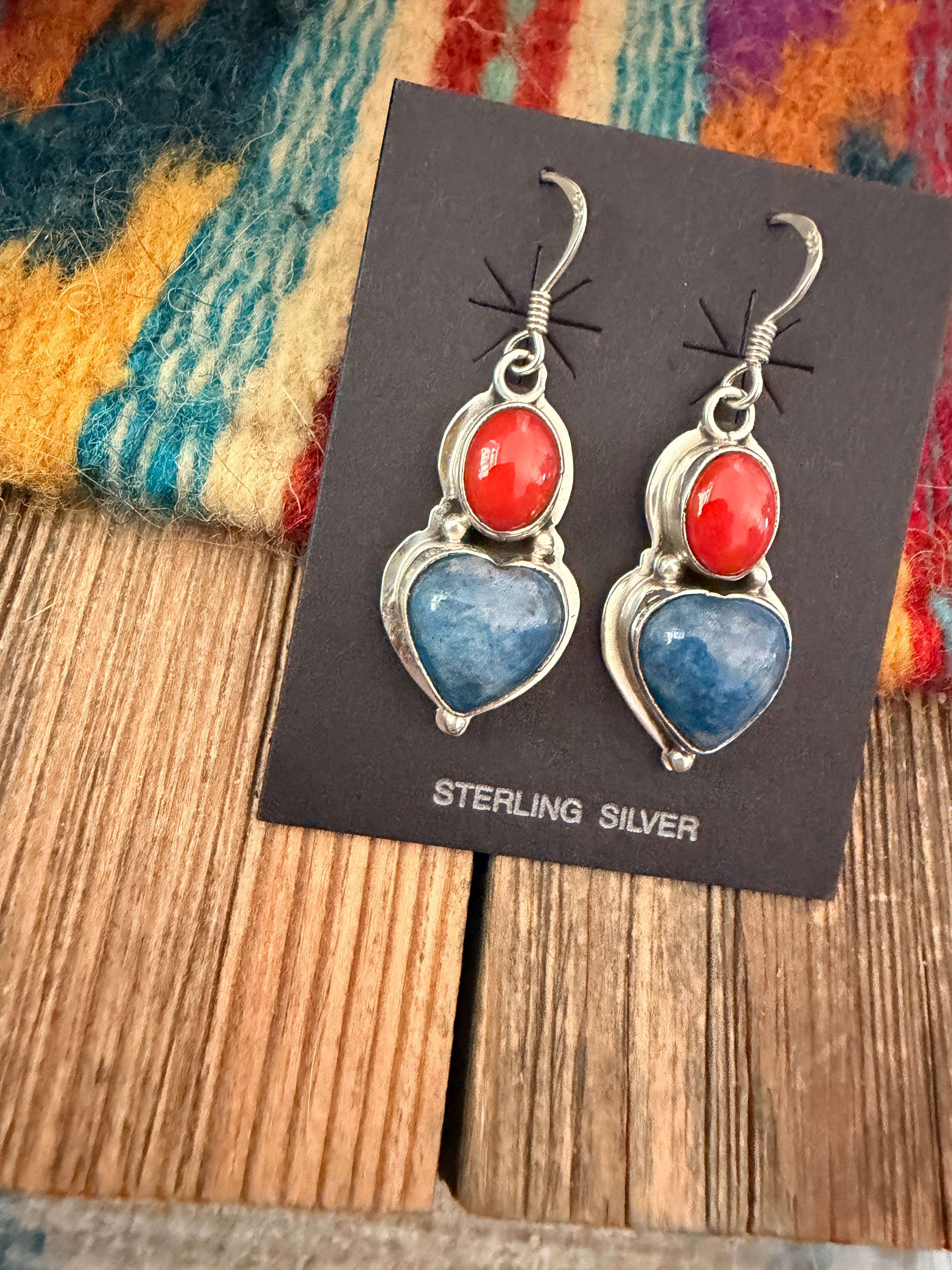 Handcrafted Lapis, Coral & Sterling Silver Heart Dangle Earrings