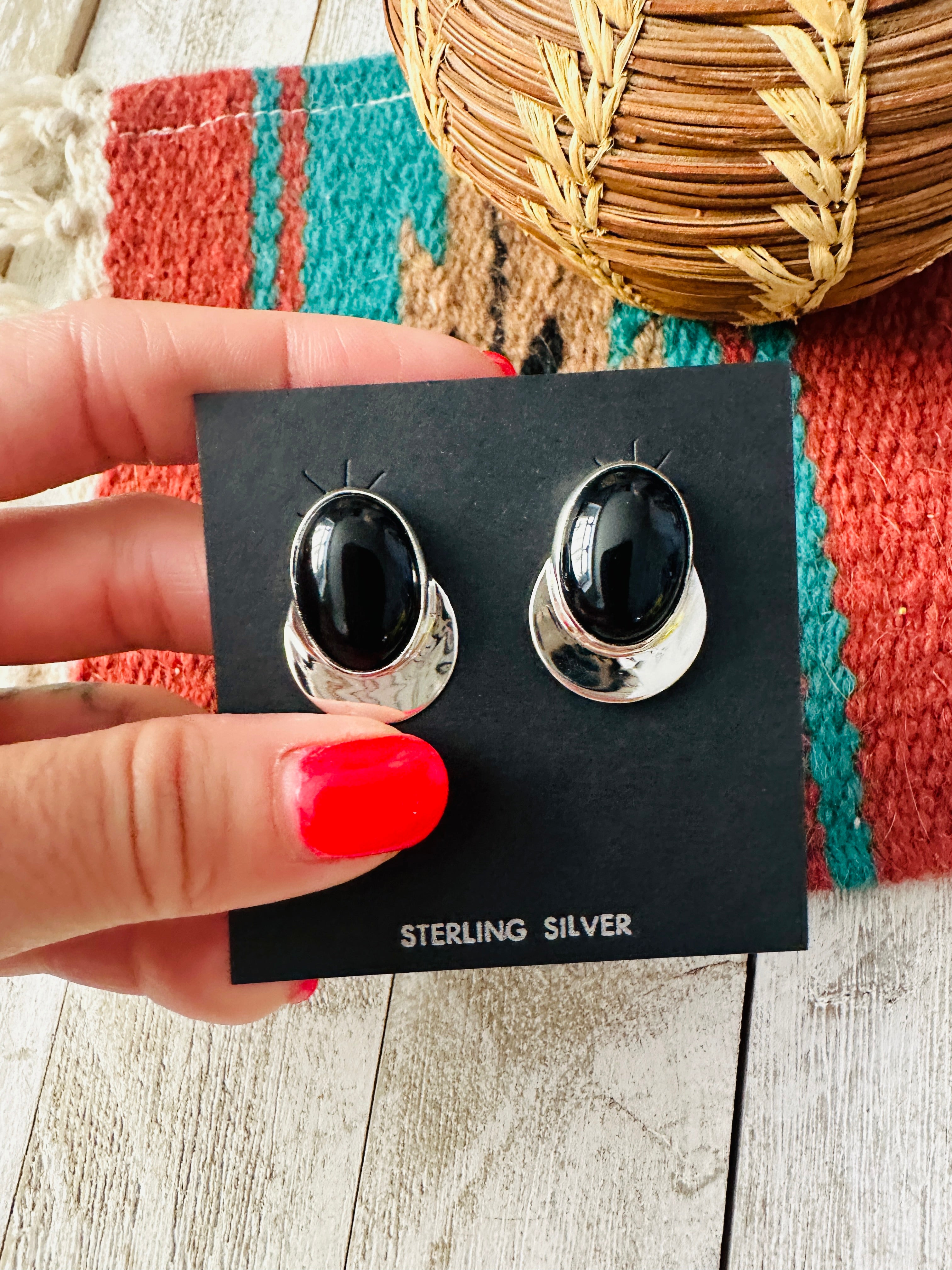 Navajo Onyx & Sterling Silver Post Earrings