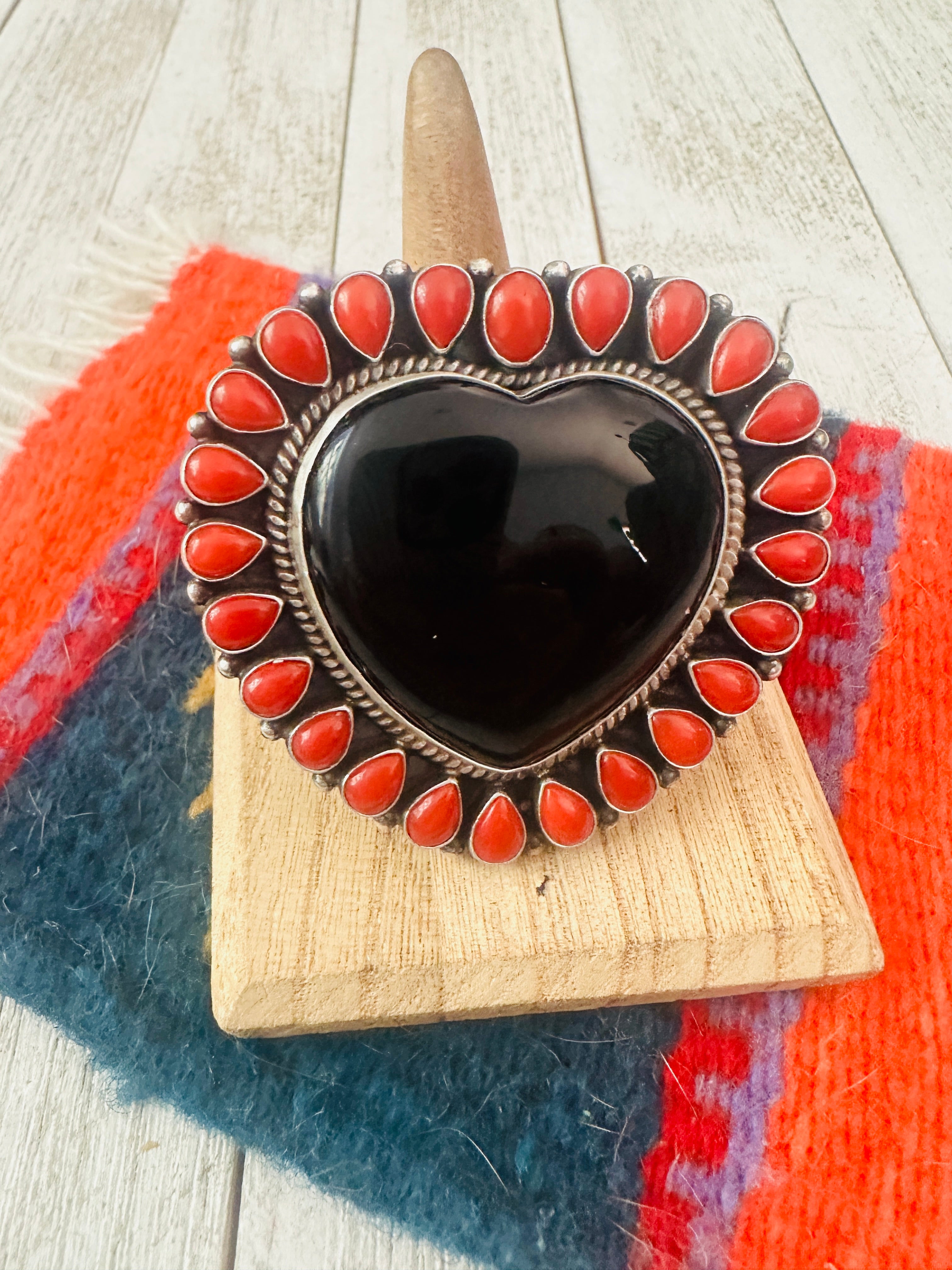 Navajo Sterling Silver, Onyx & Coral Heart Adjustable Ring