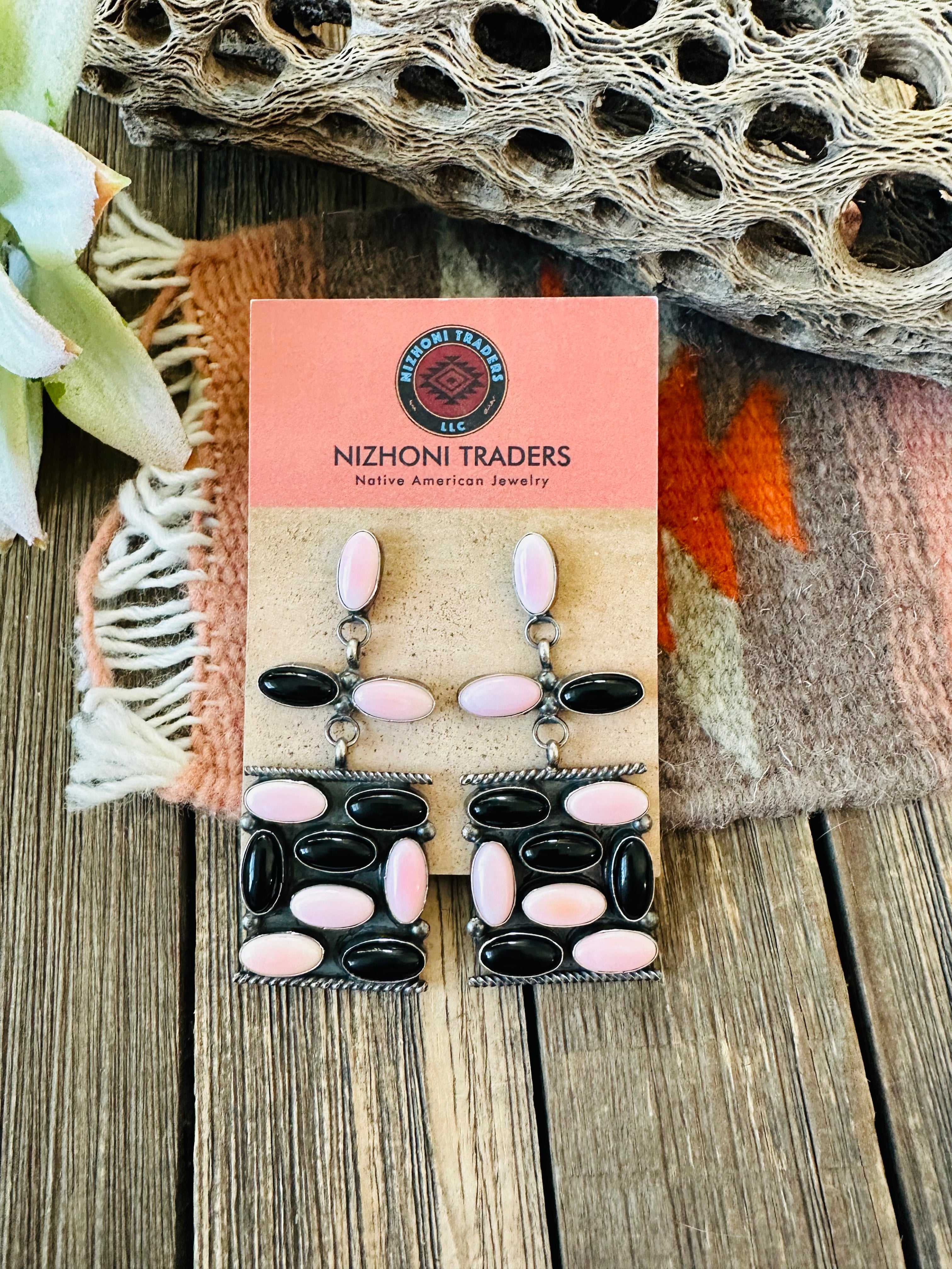 Navajo Queen Pink Conch, Onyx & Sterling Silver Dangle Earrings