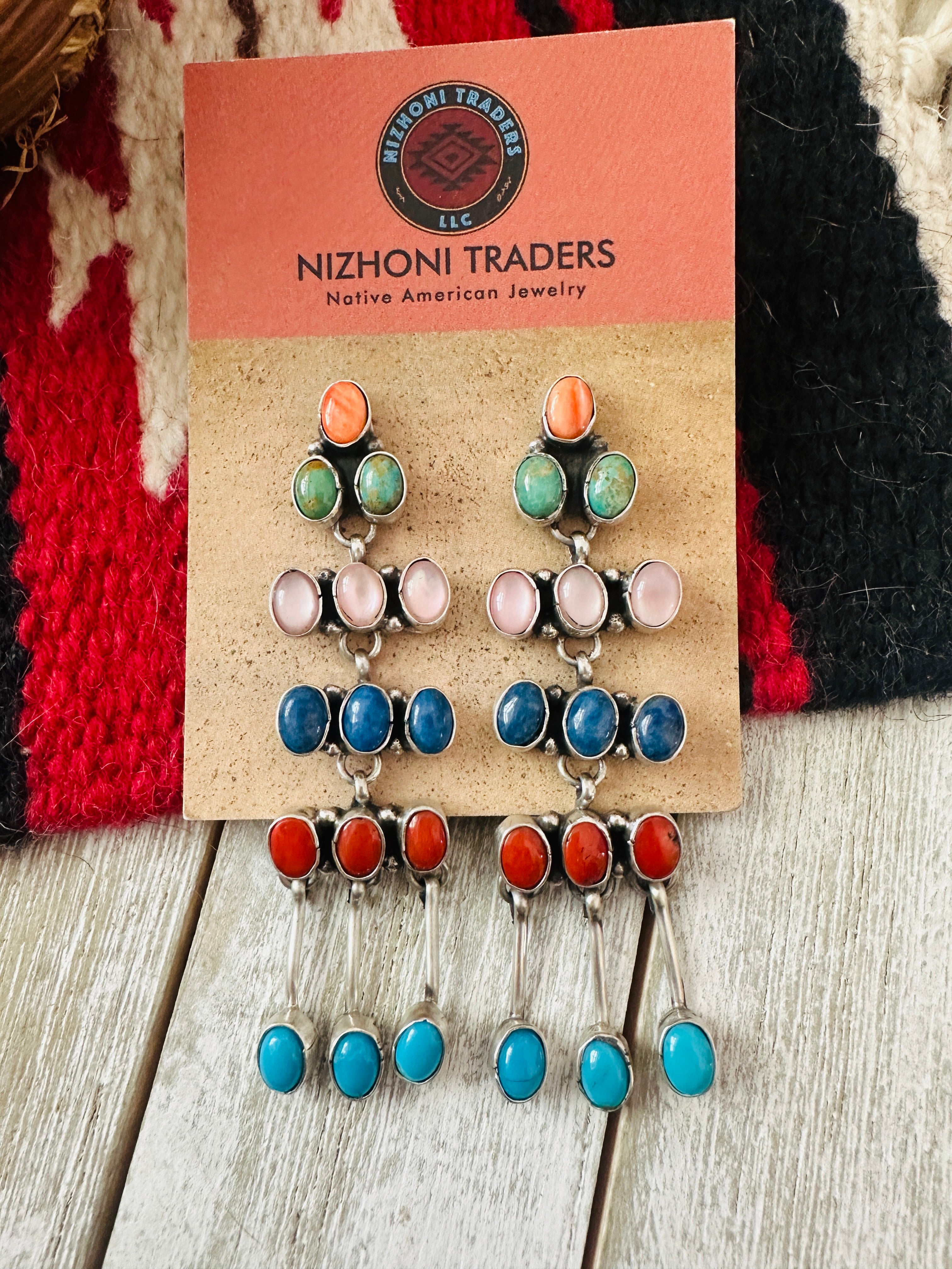 Navajo Multi Stone & Sterling Silver Chandelier Dangle Earrings