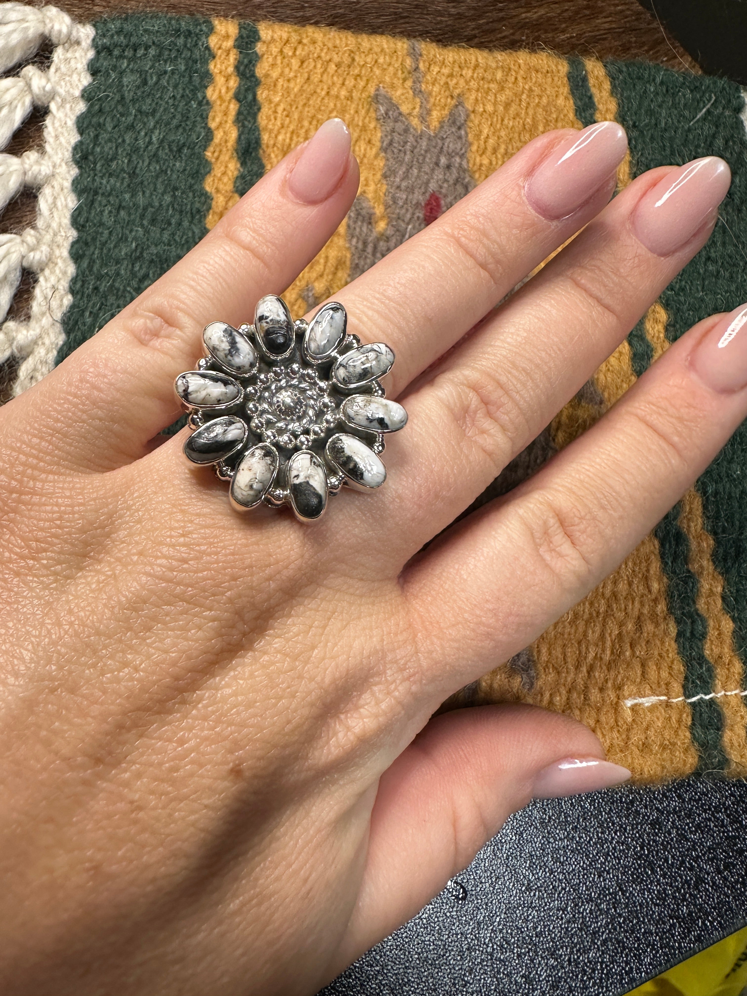 Beautiful Handmade Sterling Silver & White Buffalo Adjustable Ring