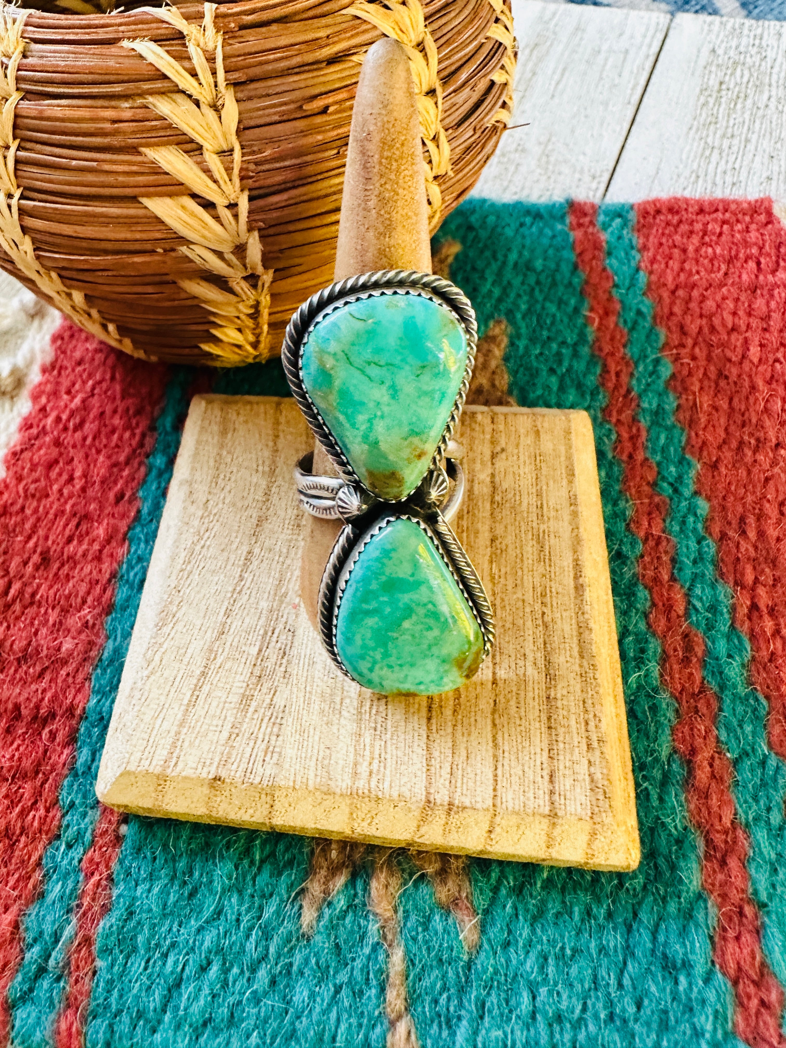 Navajo Kingman Turquoise & Sterling Silver Two Stone Adjustable Ring