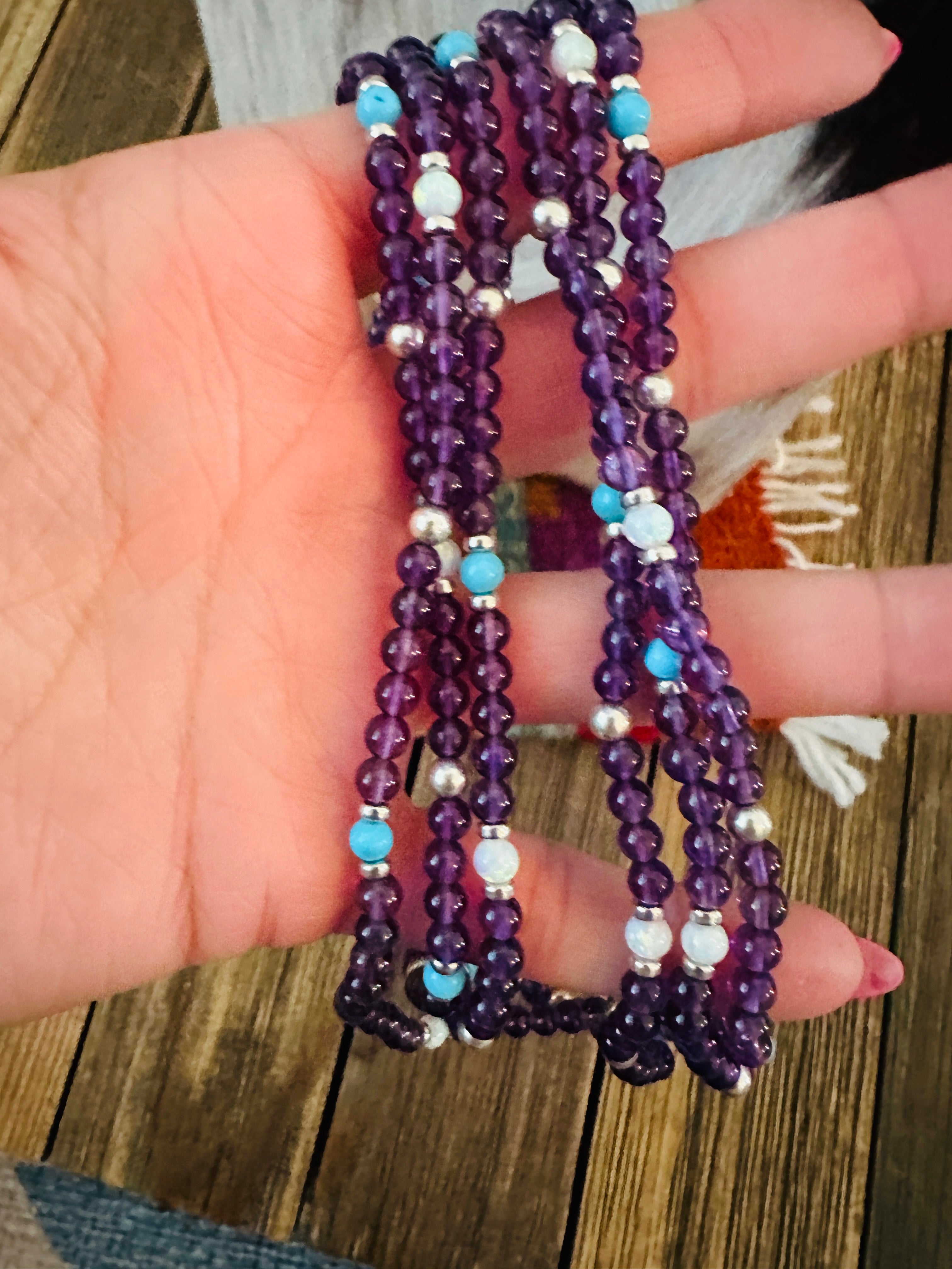 Handcrafted Amethyst, Opal, Turquoise & Sterling Silver Beaded Necklace