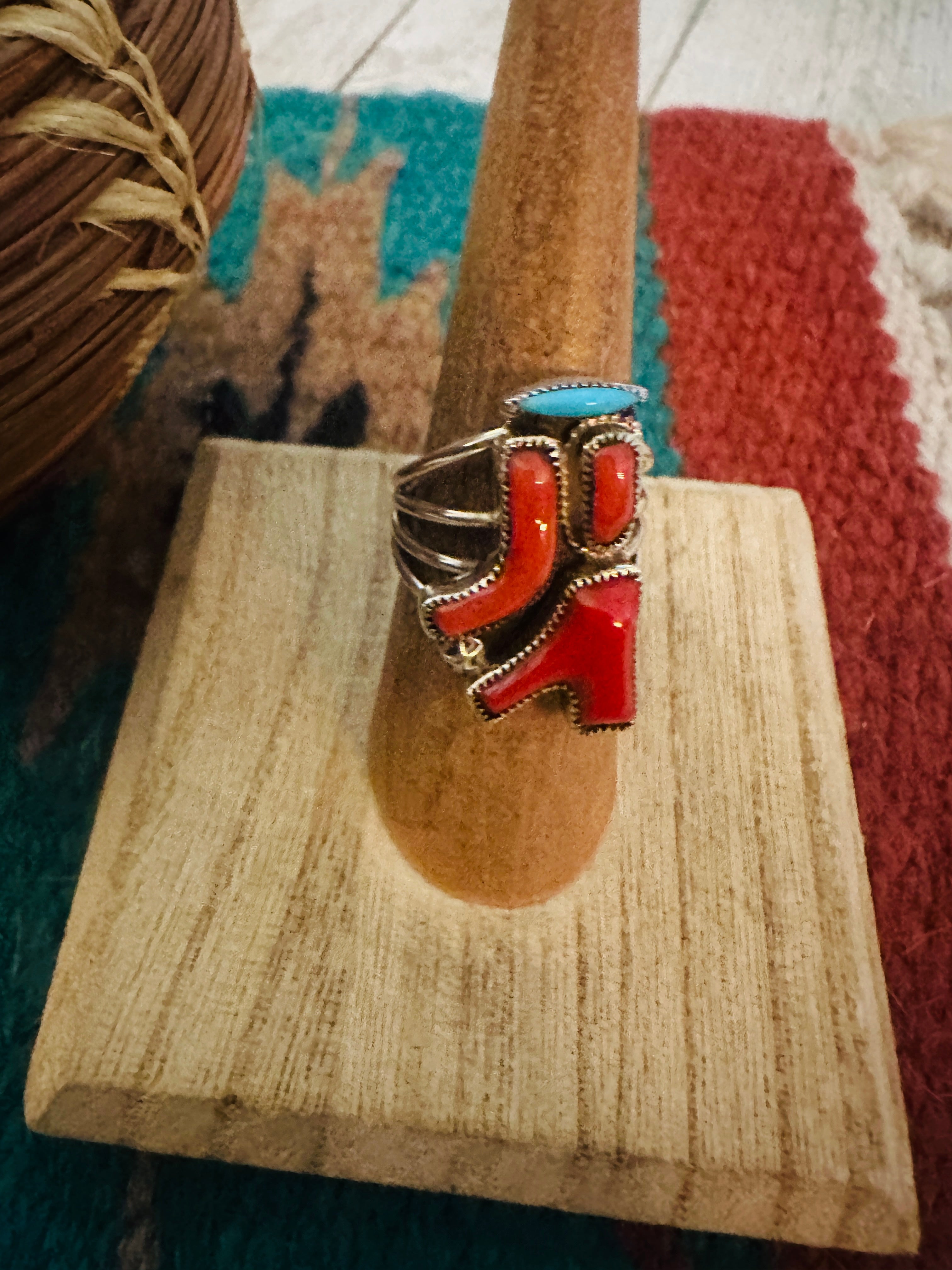 Zuni Coral, Turquoise & Sterling Silver Ring Size 6