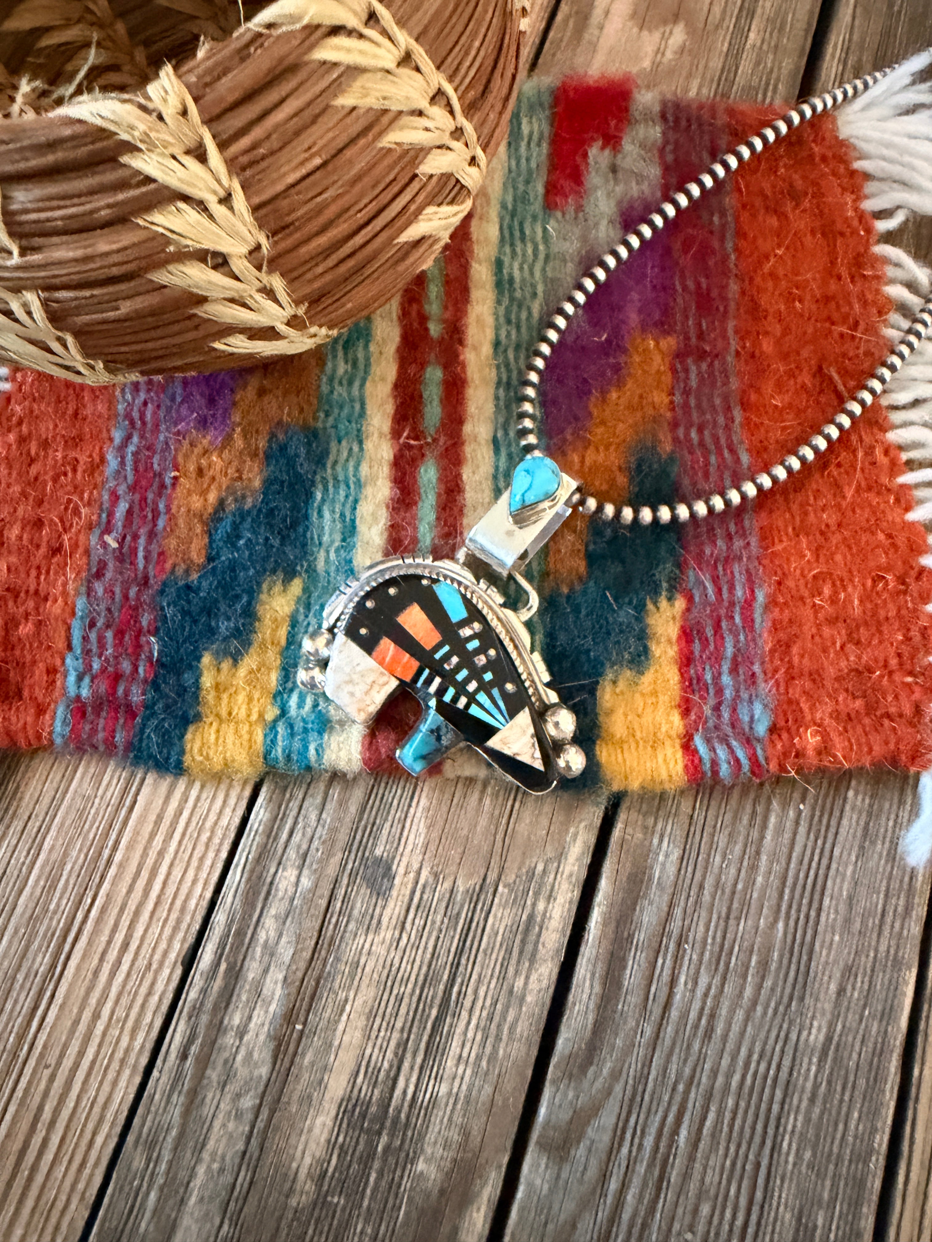 Handcrafted Sterling Silver and Multi Stone Inlay Bear Pendant by Ray Jack
