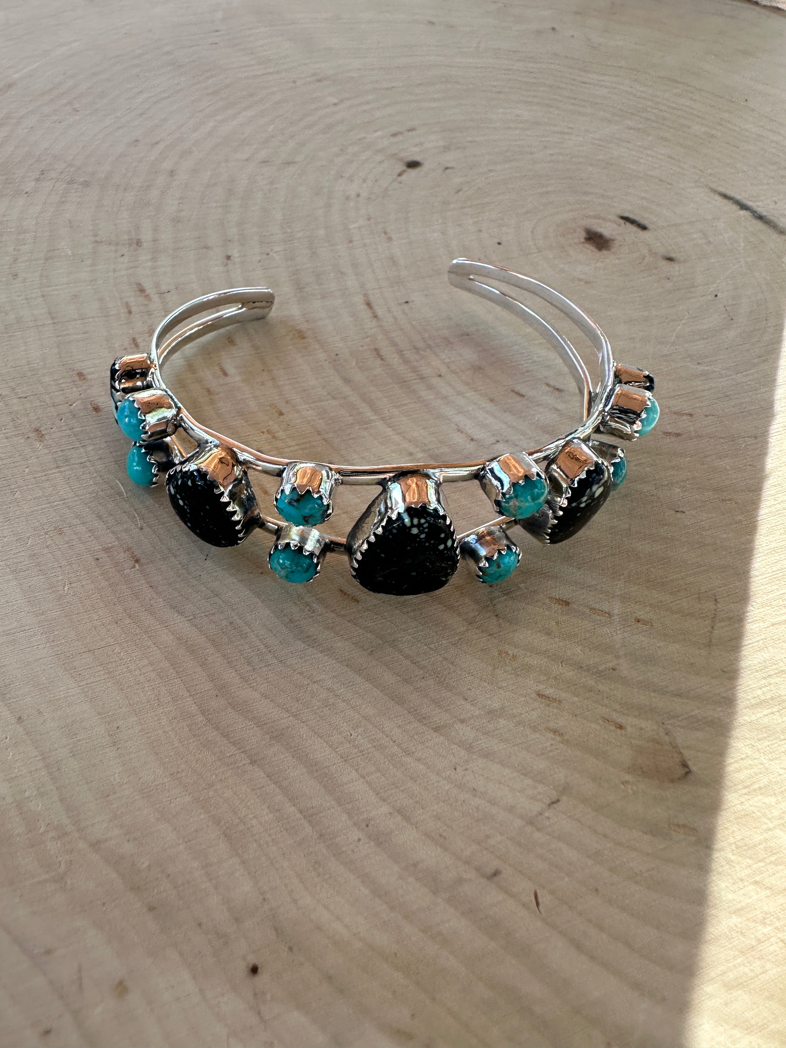 Handmade New Lander Turquoise, Kingman Turquoise & Sterling Silver Cuff Bracelet