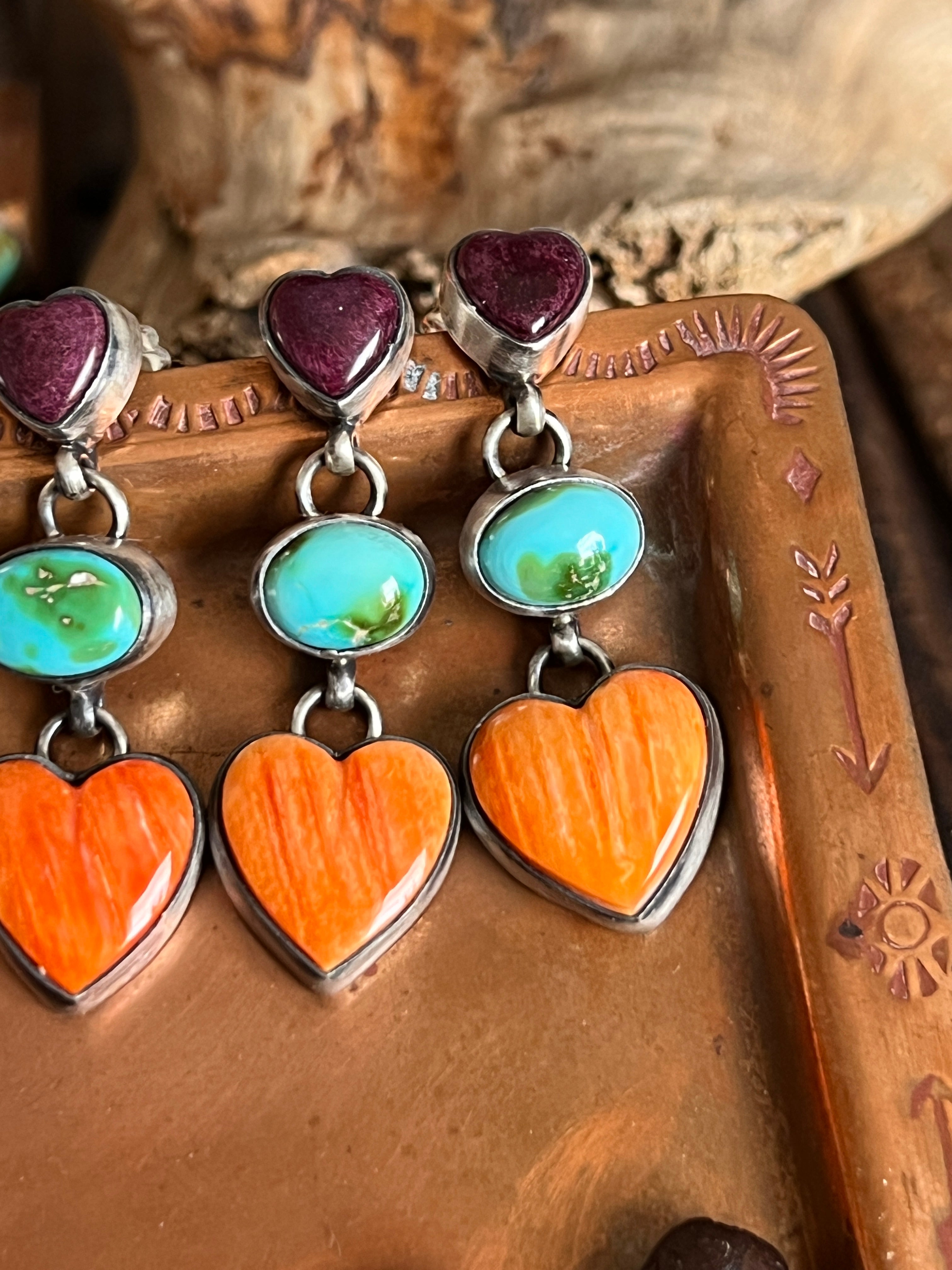 Vibrant Handcrafted Electric Rainbow Sterling Silver, Sonoran Turquoise and Spiny Oyster Shell Heart Post Earrings by Lucy Jake