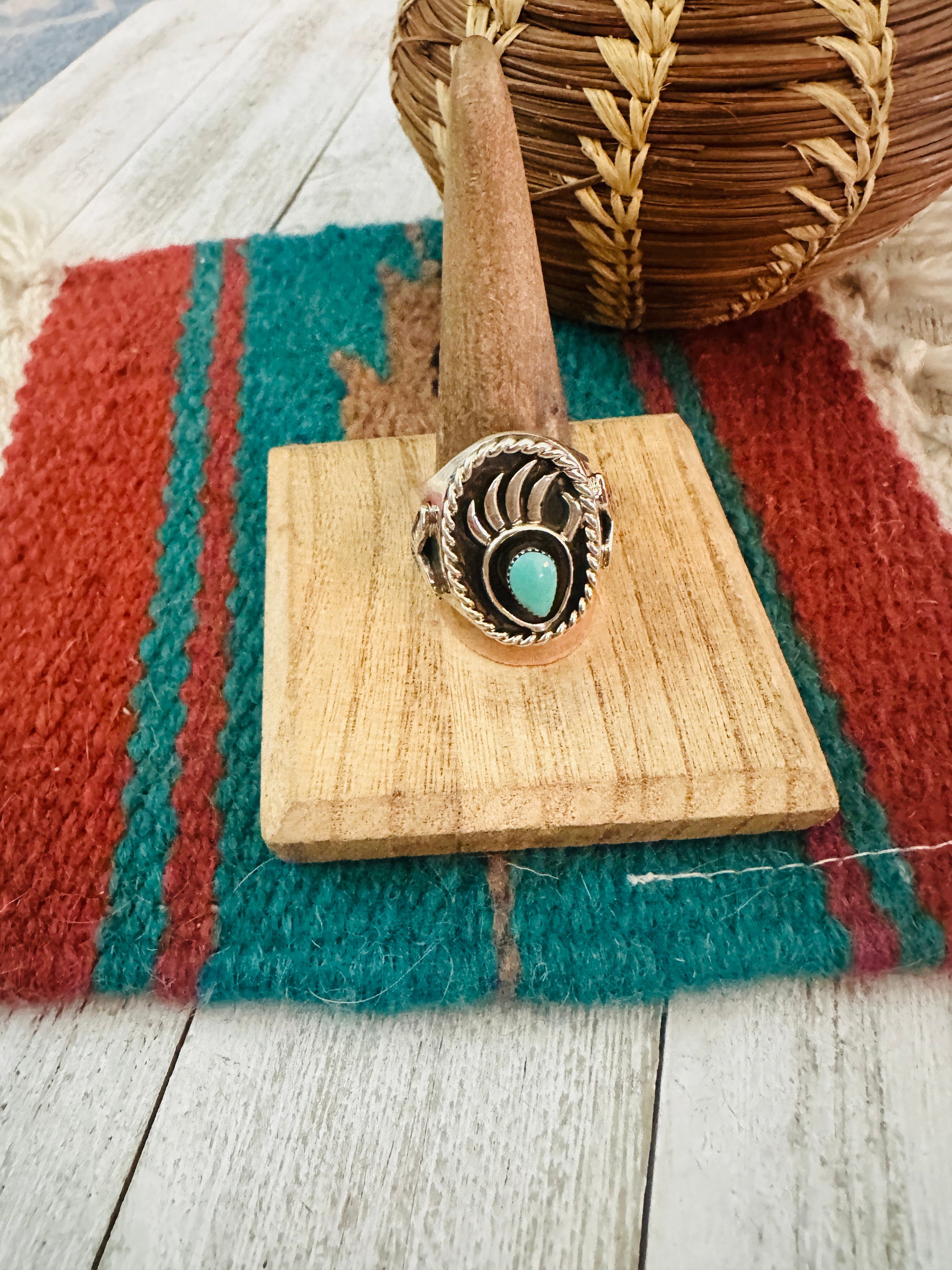 Navajo Turquoise & Sterling Silver Bear Paw Cigar Band Ring Size 11