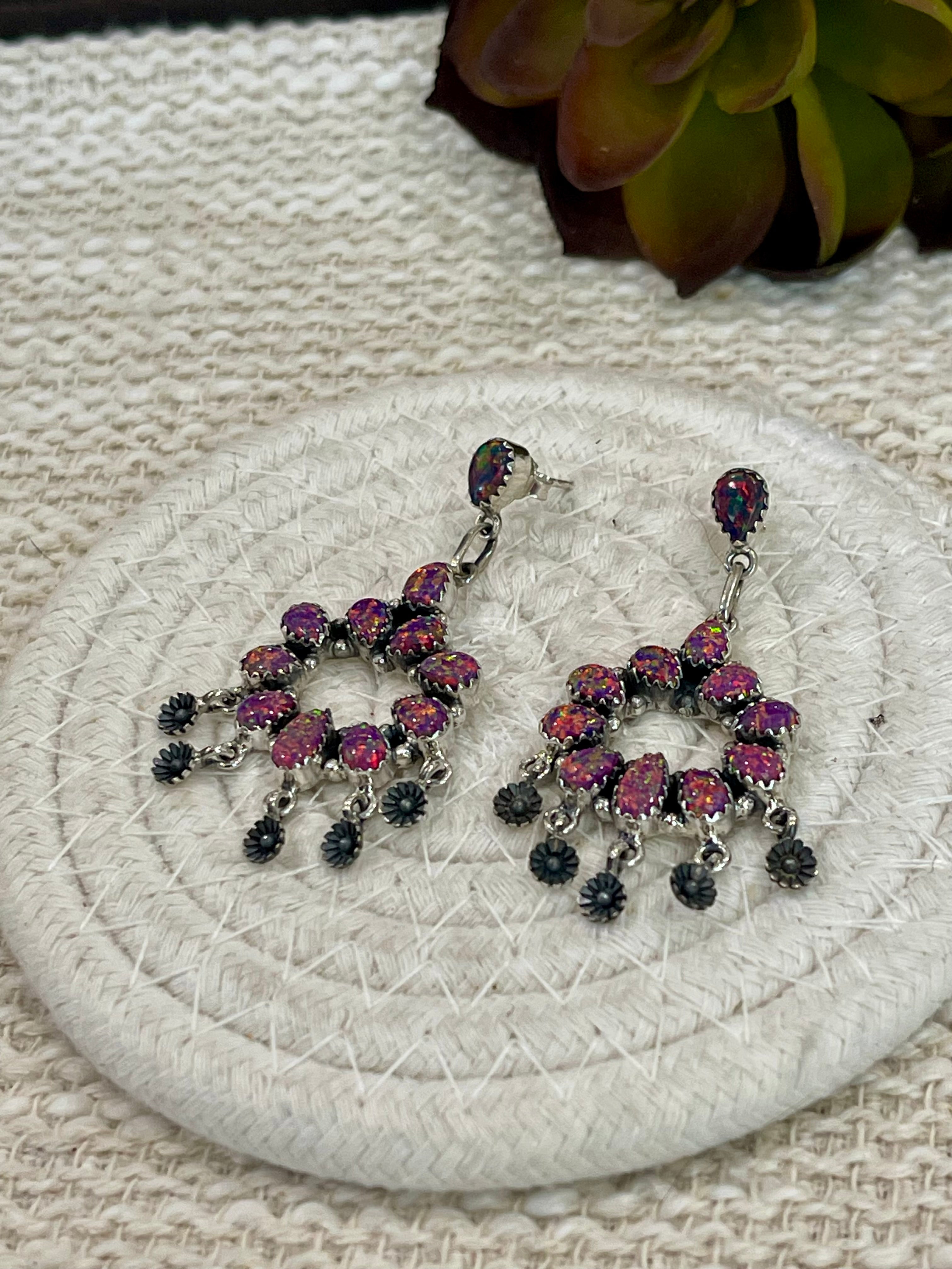 Handmade Pink Fire Opal and Sterling Silver Cluster Dangle Earrings