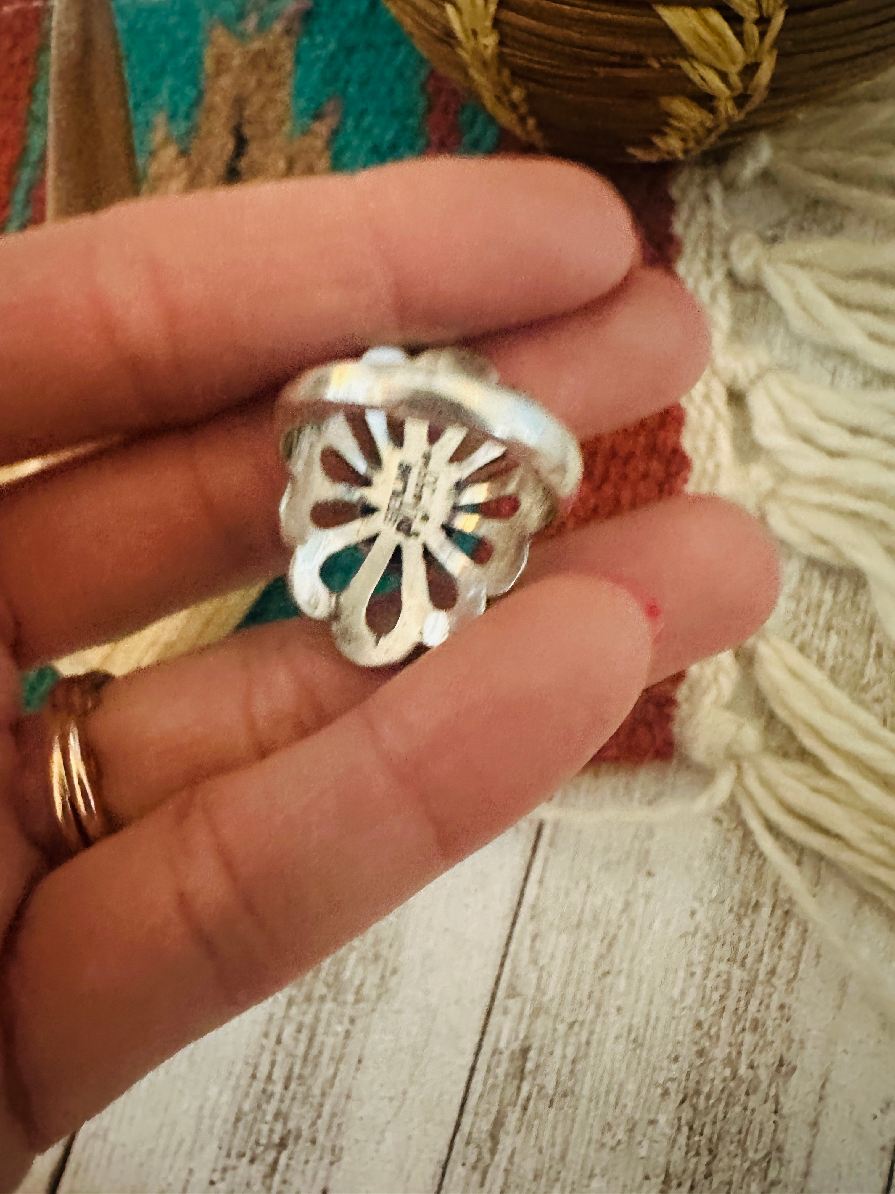 Navajo Sterling Silver & Kingman Turquoise Flower Ring