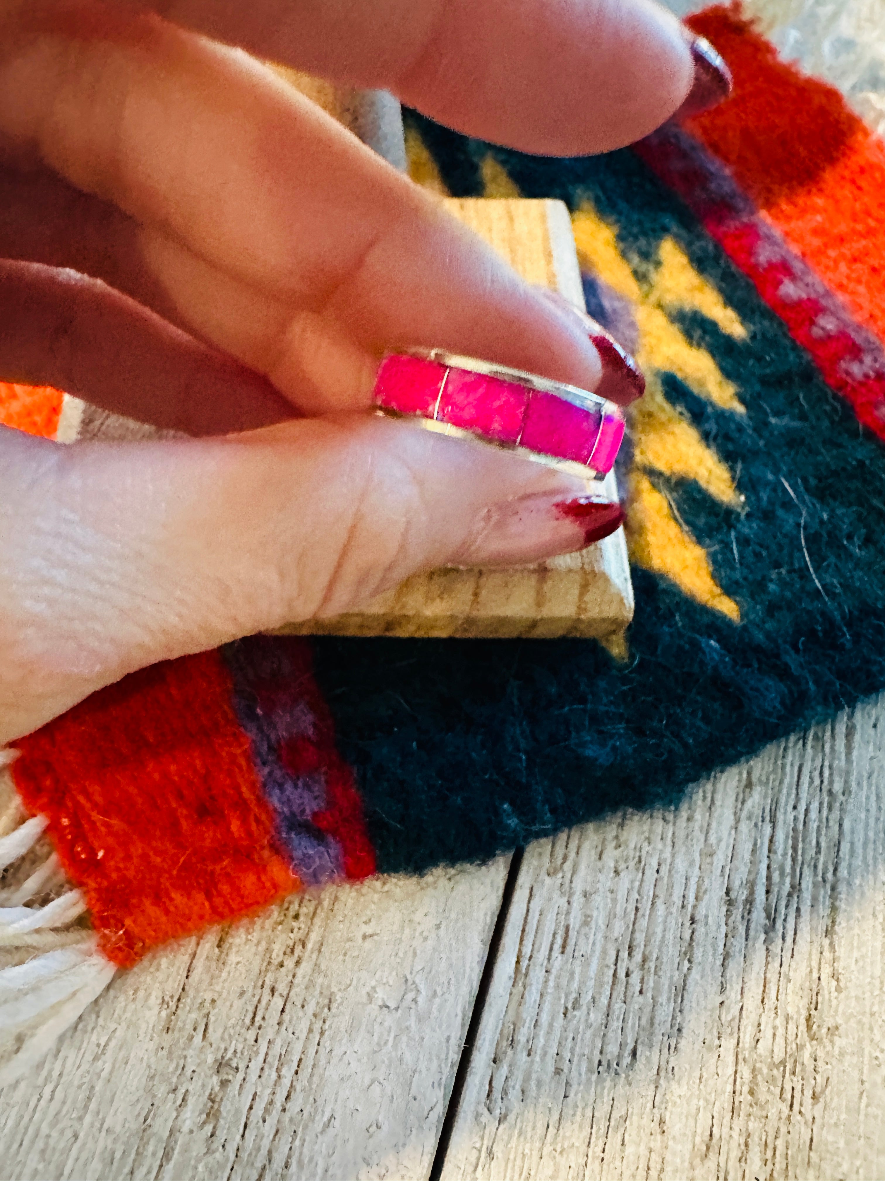 Navajo Sterling Silver & Pink Opal Inlay Band Ring