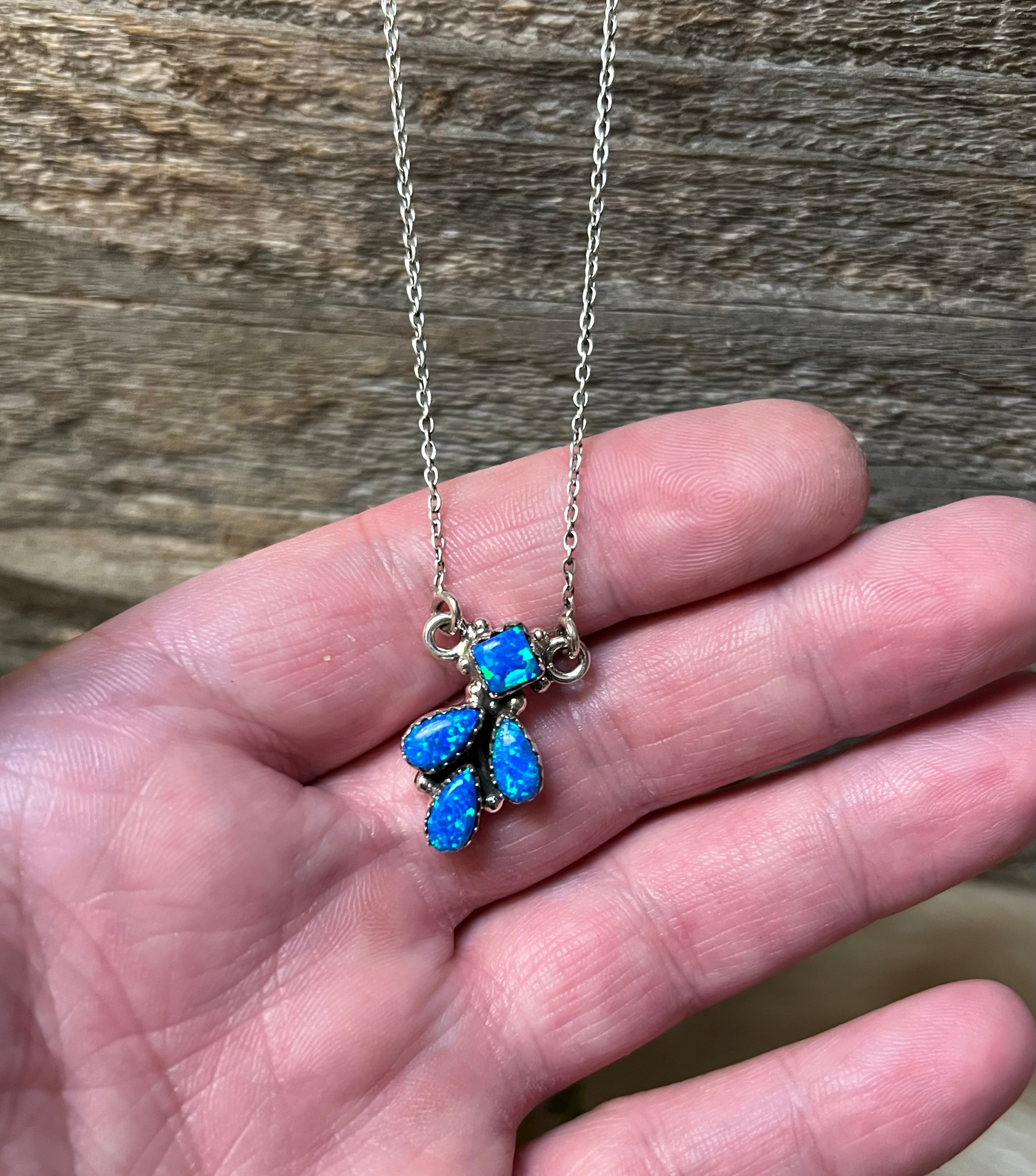 Handmade Blue Opal Tear Drop Sterling Silver Necklace