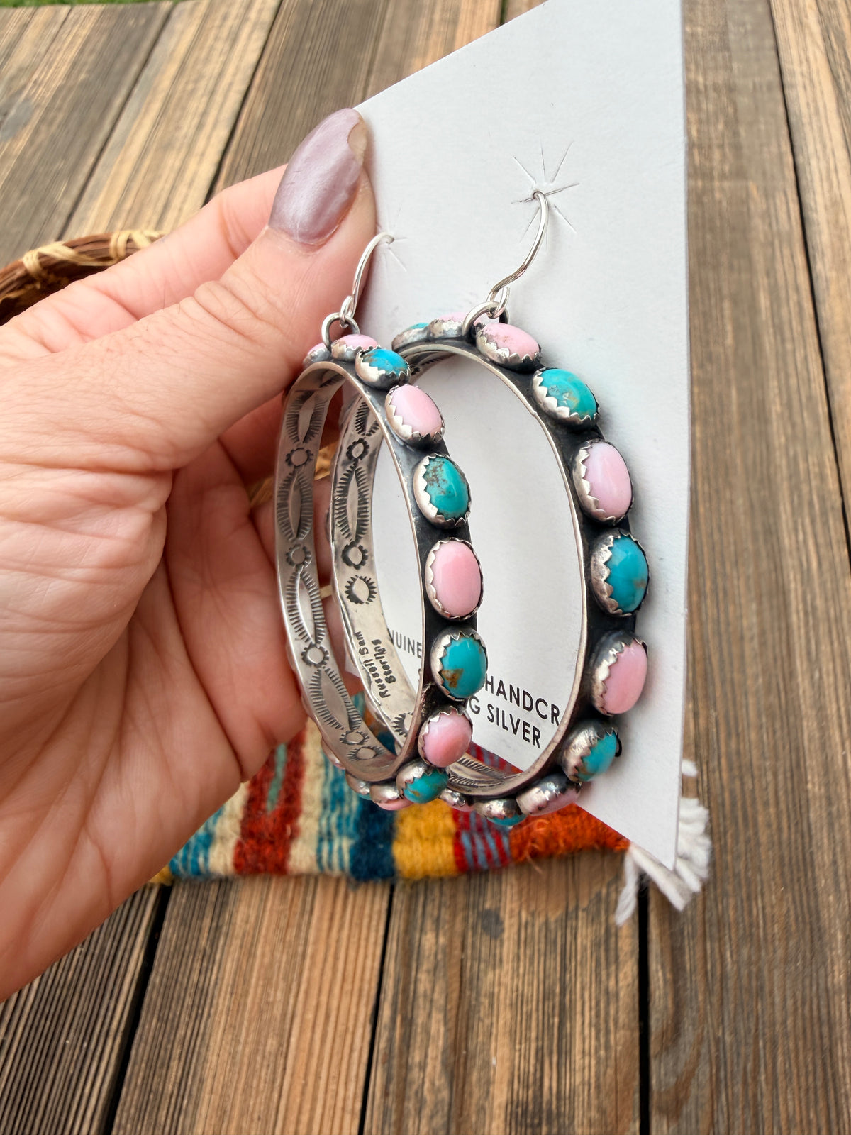 Handcrafted Turquoise, Queen Pink Conch & Sterling Silver Dangle Hoop Earrings by Russell Sam