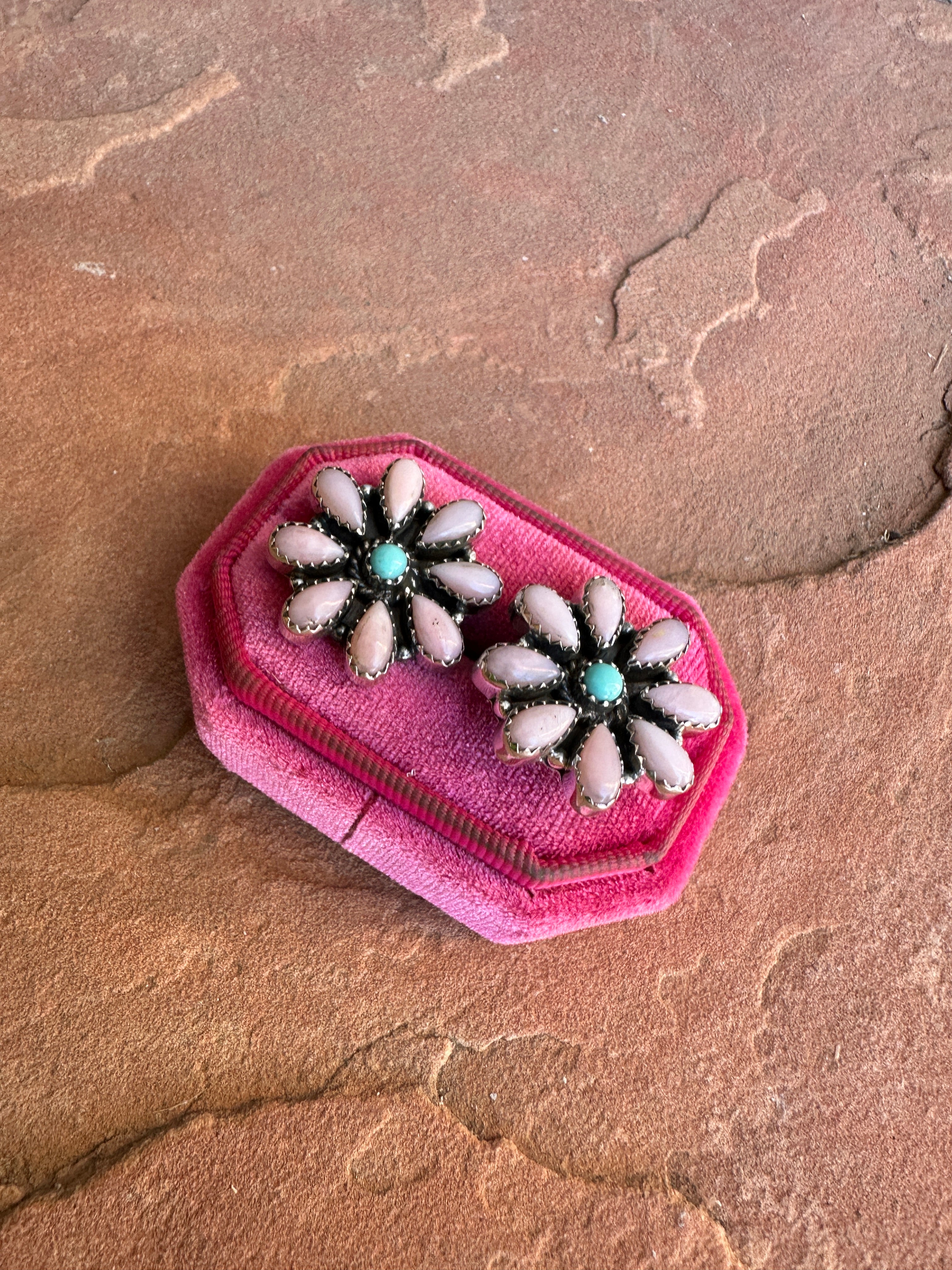 Handmade Flower Sterling Silver, Pink Conch & Turquoise Post Earrings Signed Nizhoni