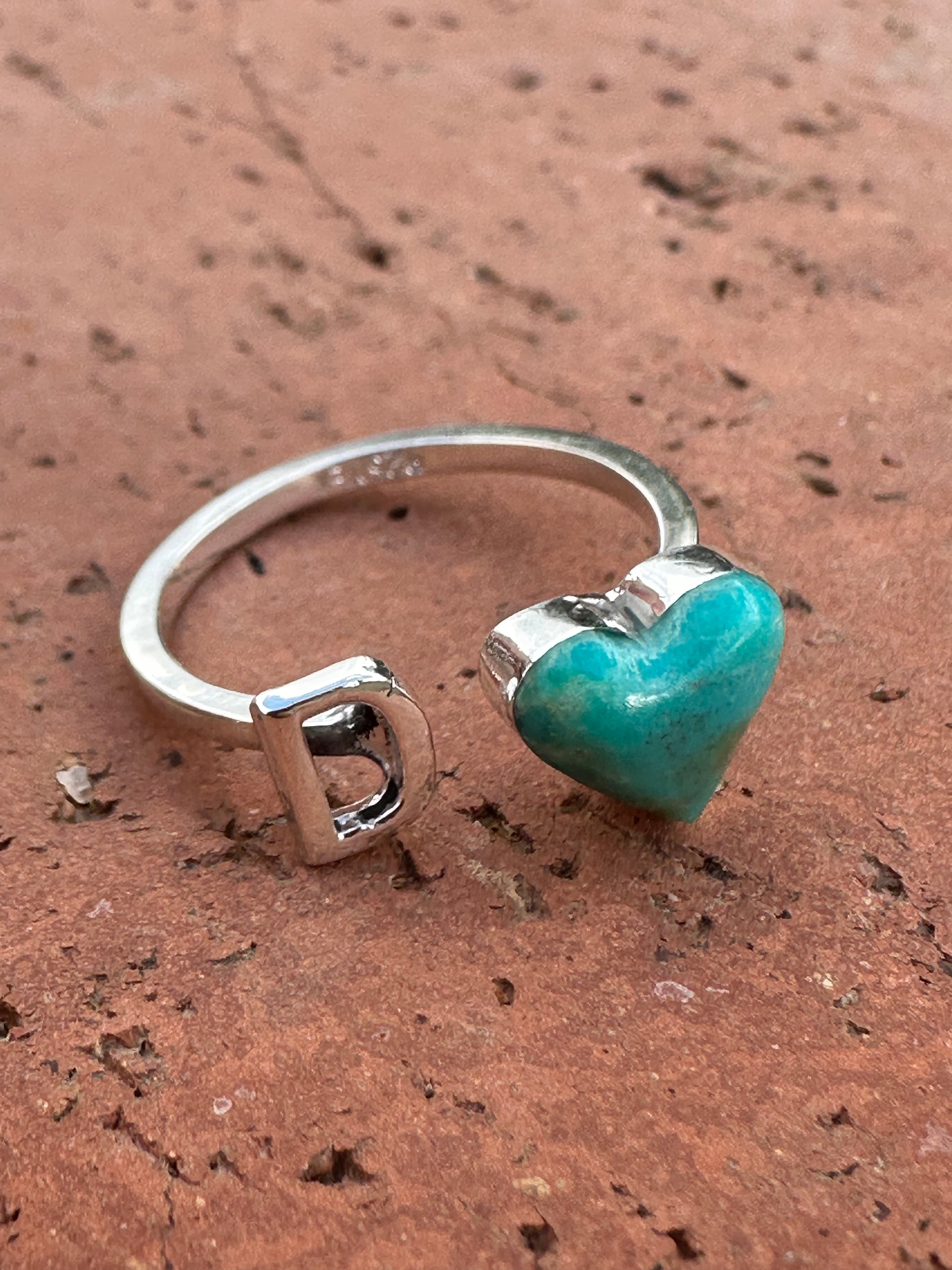Handmade Sterling Silver & Turquoise Adjustable Initial Heart Ring