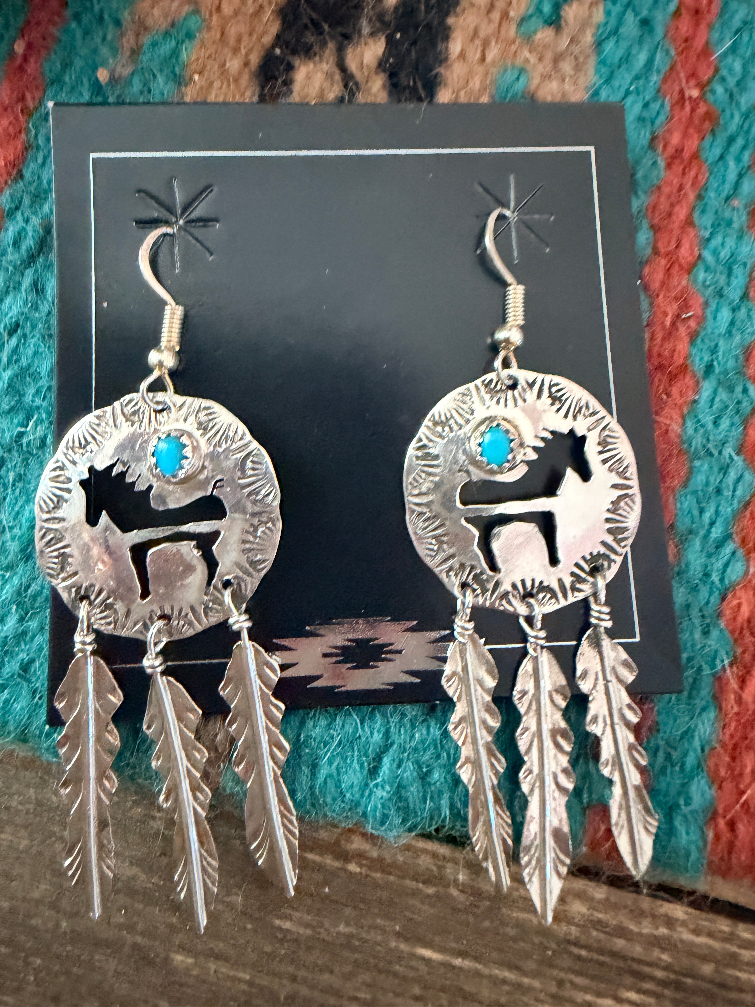 Old Pawn Handcrafted Sterling Silver & Turquoise Horse Feather Dangle Earrings