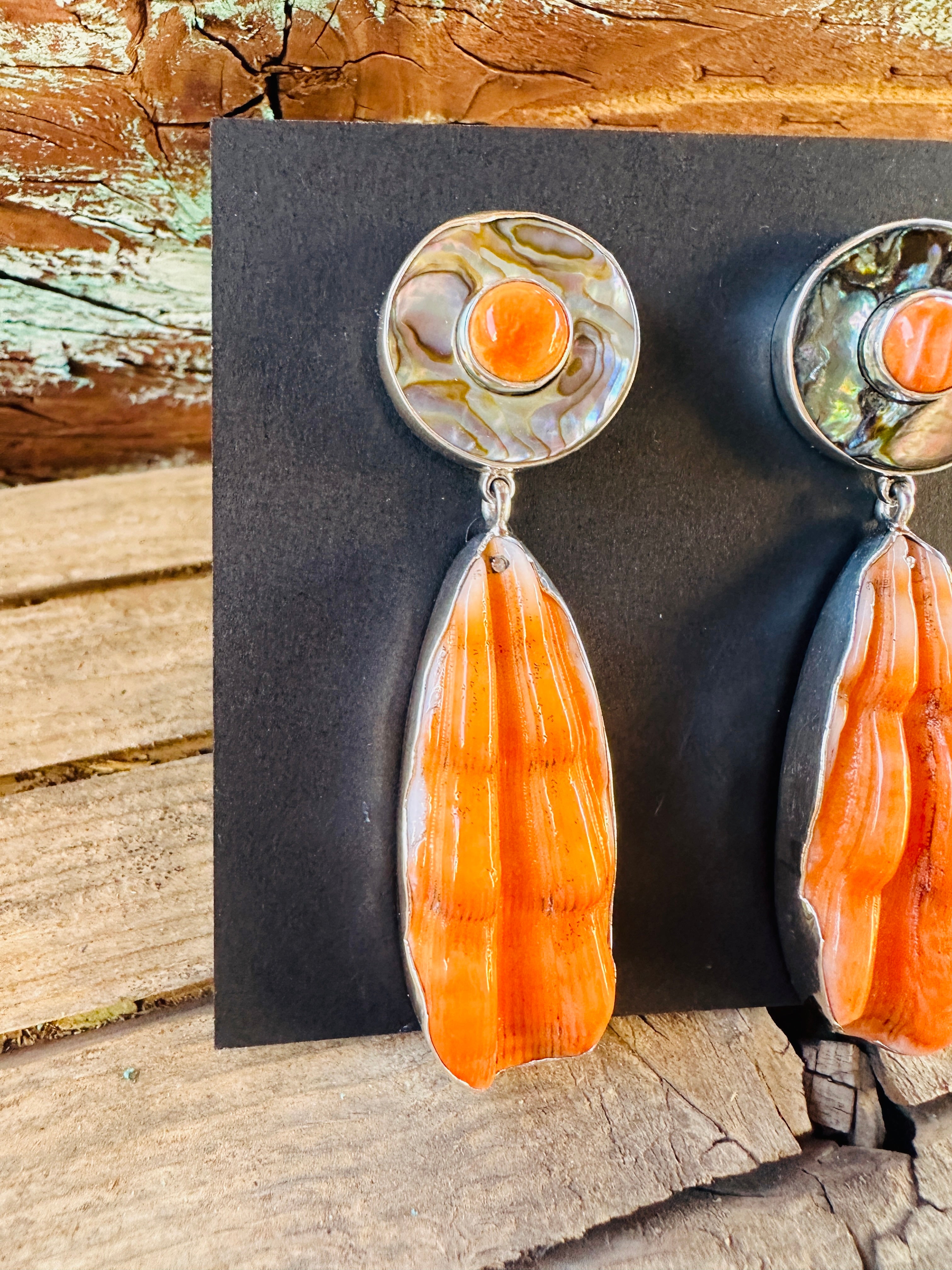 Handcrafted Spiny Oyster, Abalone & Sterling Silver Dangle Earrings by Federico Jimenez