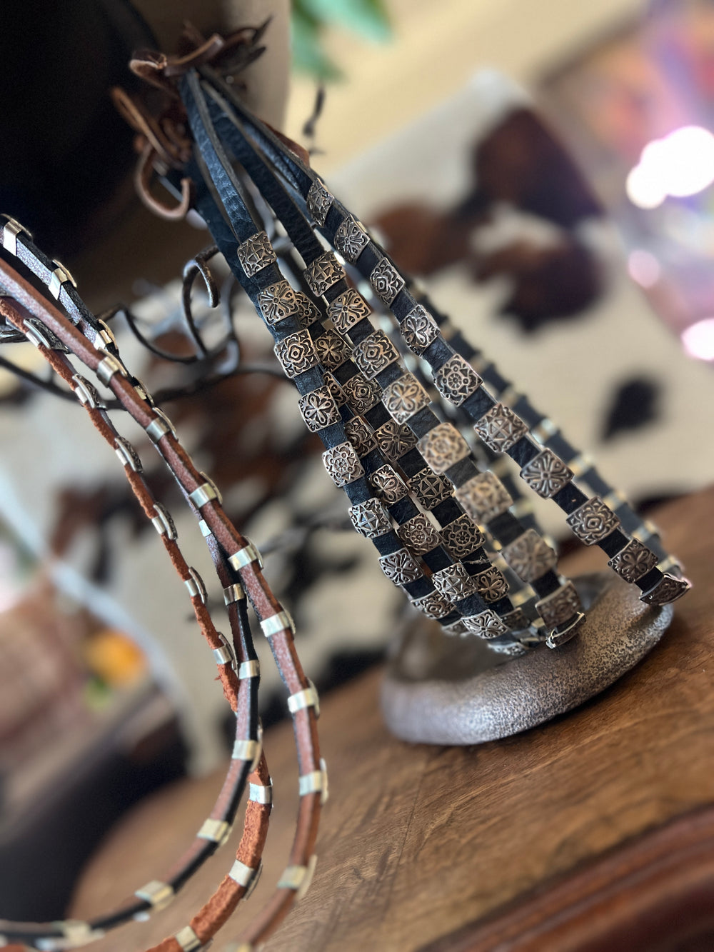 Leather and Sterling Silver Concho Slide Hat Band, Black Leather