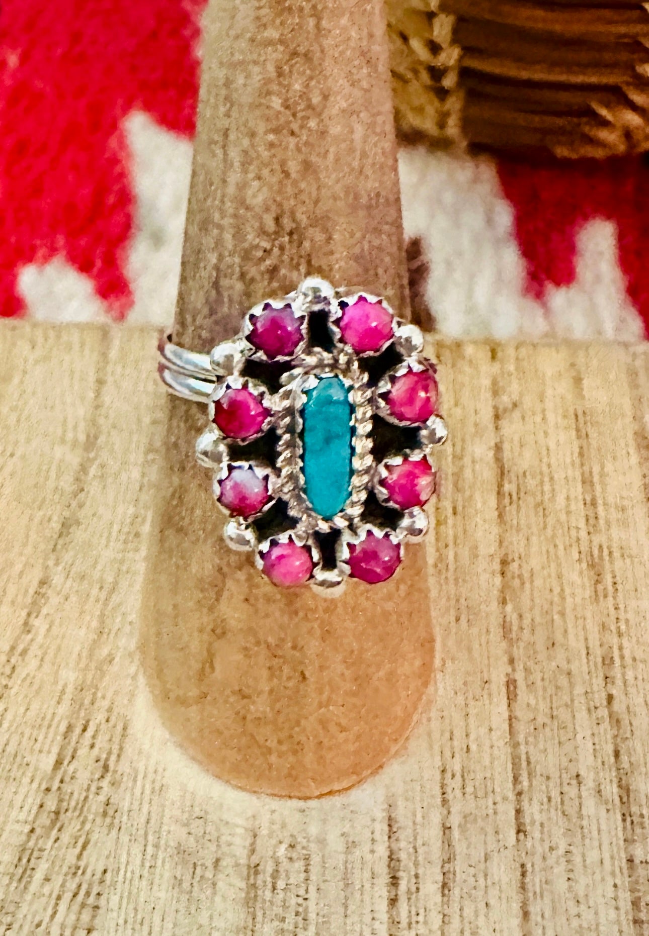 Navajo Sterling Silver, Pink Dream Mojave & Turquoise Cluster Adjustable Ring