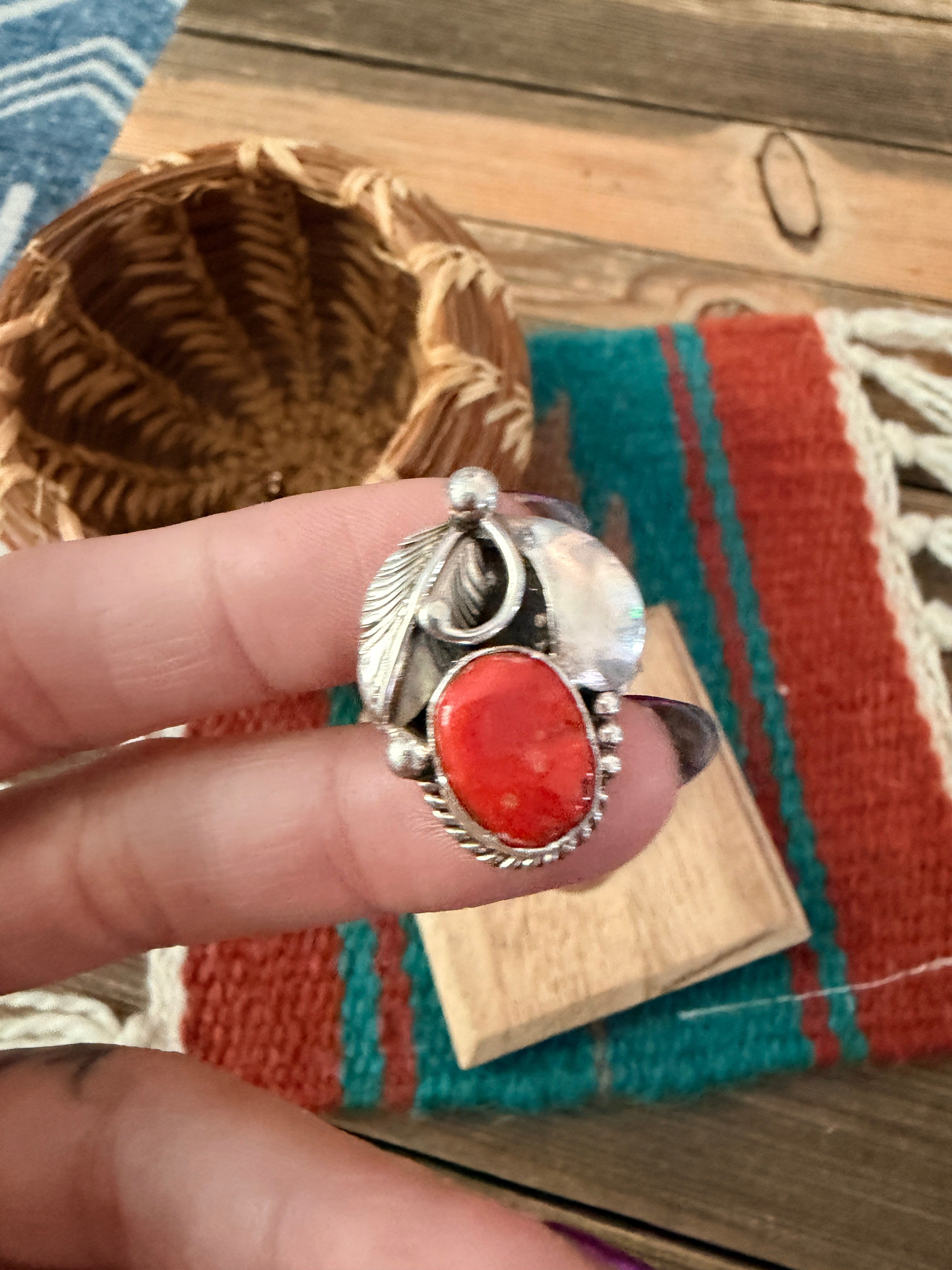 Old Pawn Handcrafted Coral & Sterling Silver Ring Size 7