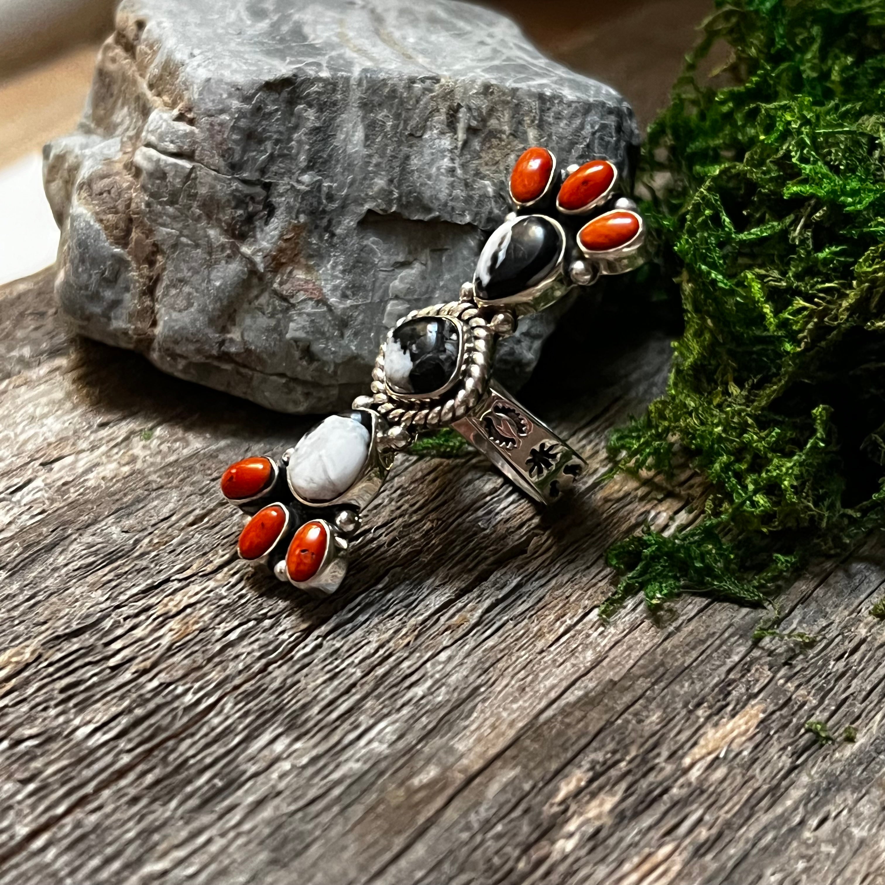 Handmade Coral & White Buffalo Sterling Silver Cluster Ring