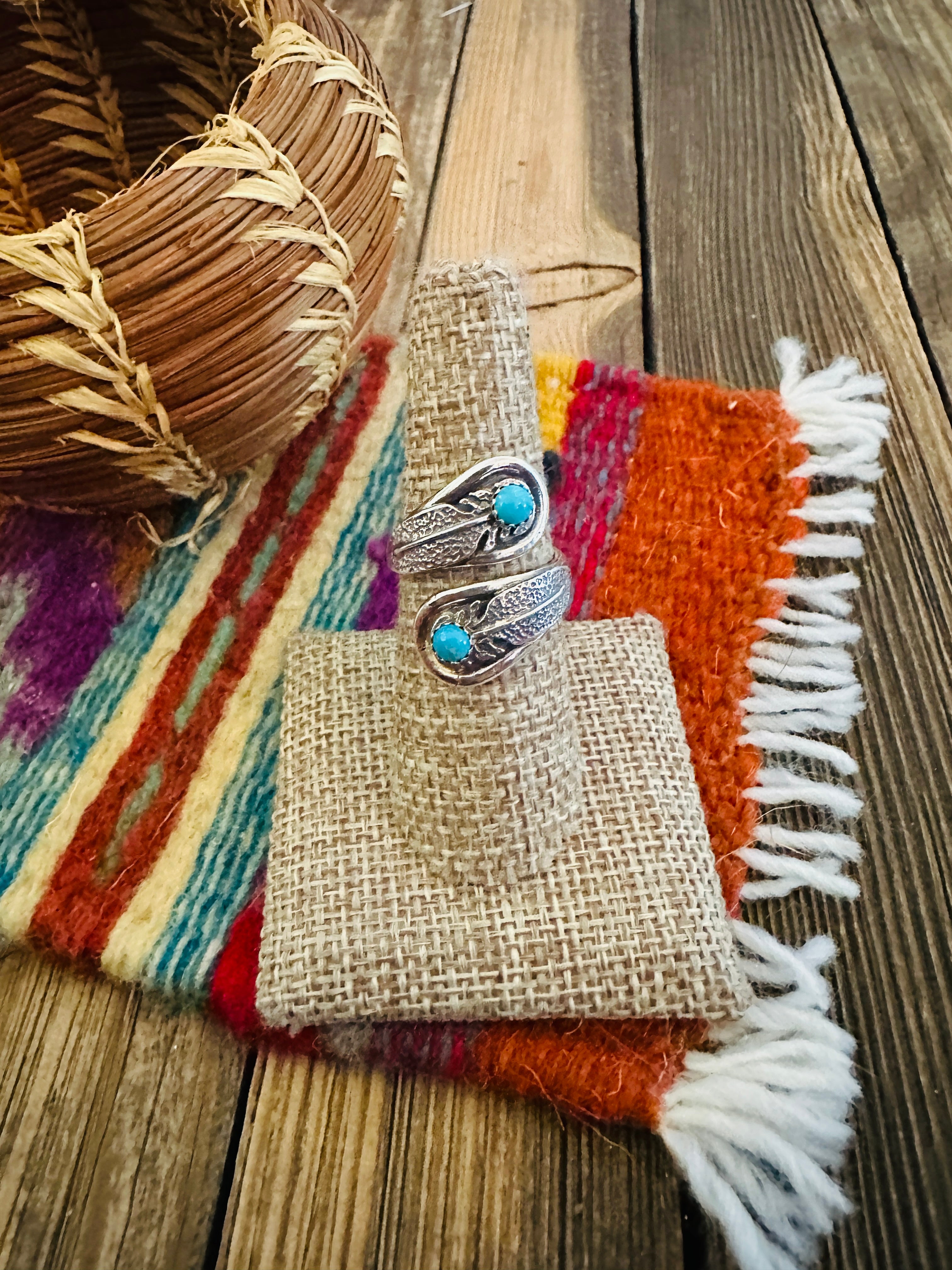 Handcrafted Turquoise & Sterling Silver Adjustable Feather Ring