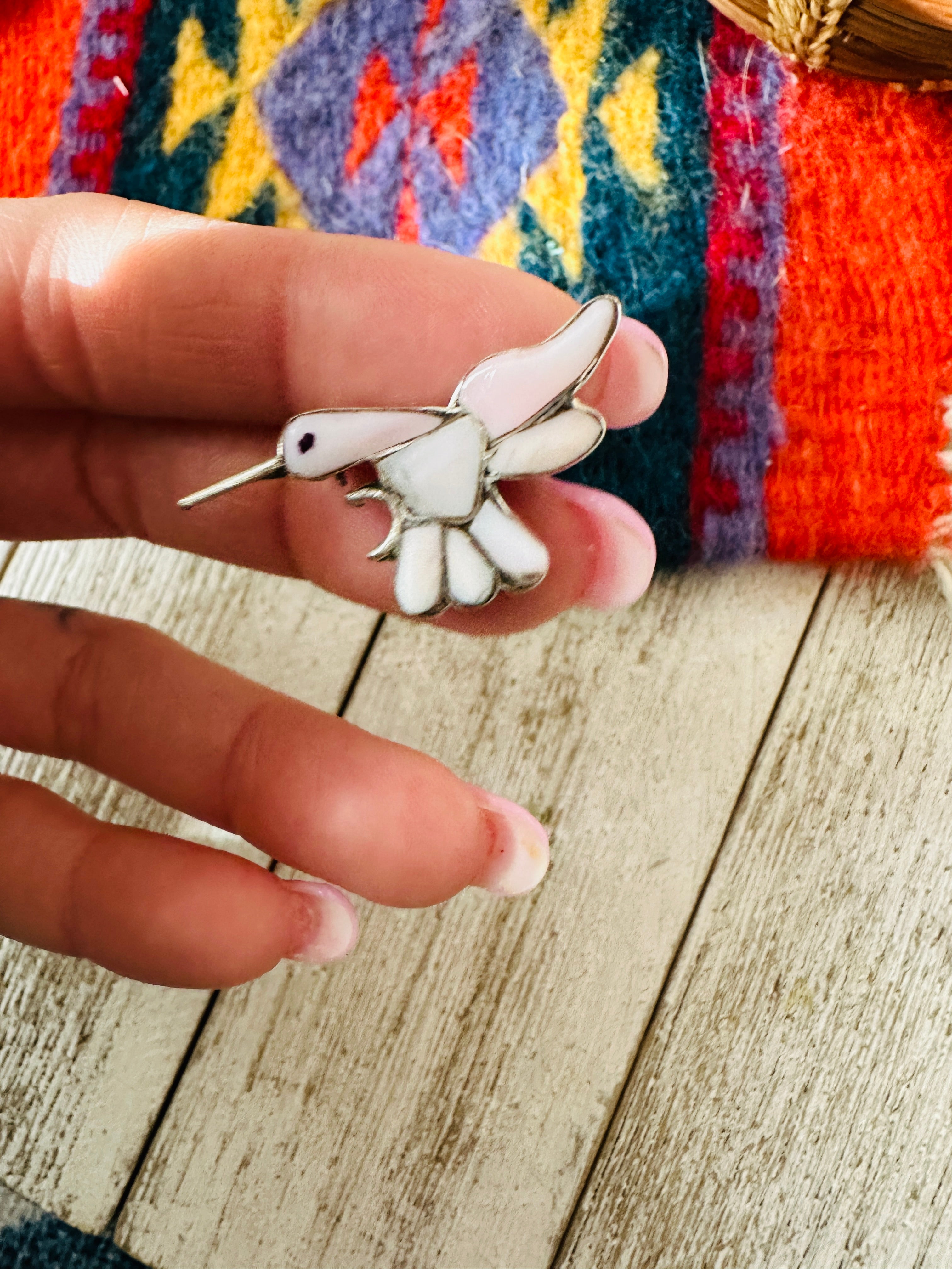 Navajo Mother of Pearl & Sterling Silver Hummingbird Brooch