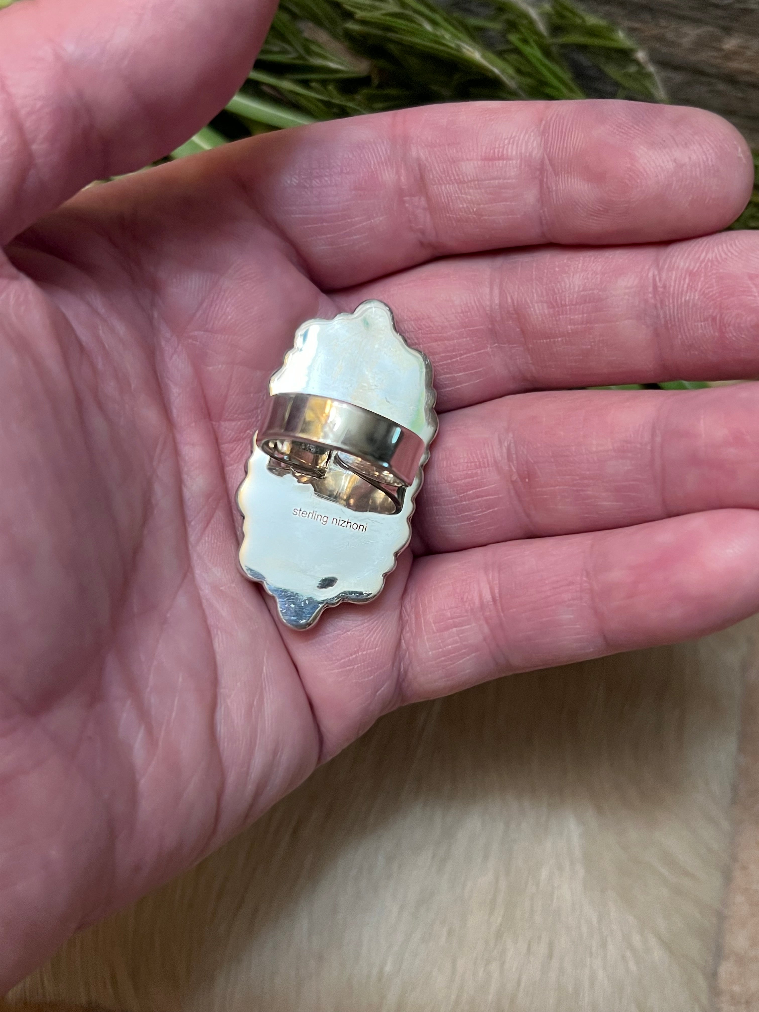 Handmade Mother Of Pearl Sterling Silver Concho Adjustable Statement Ring