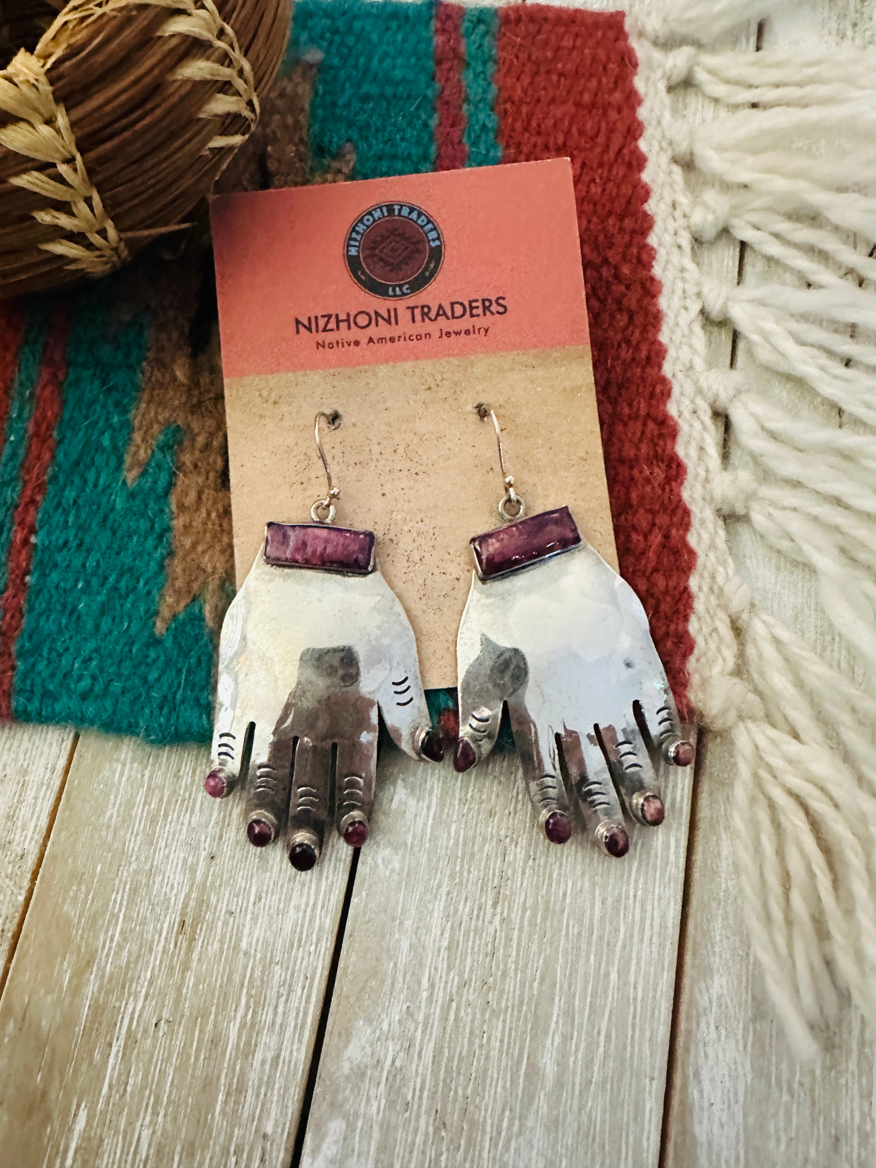 Handcrafted Purple Spiny & Sterling Silver Hand Dangle Earrings by Federico Jimenez