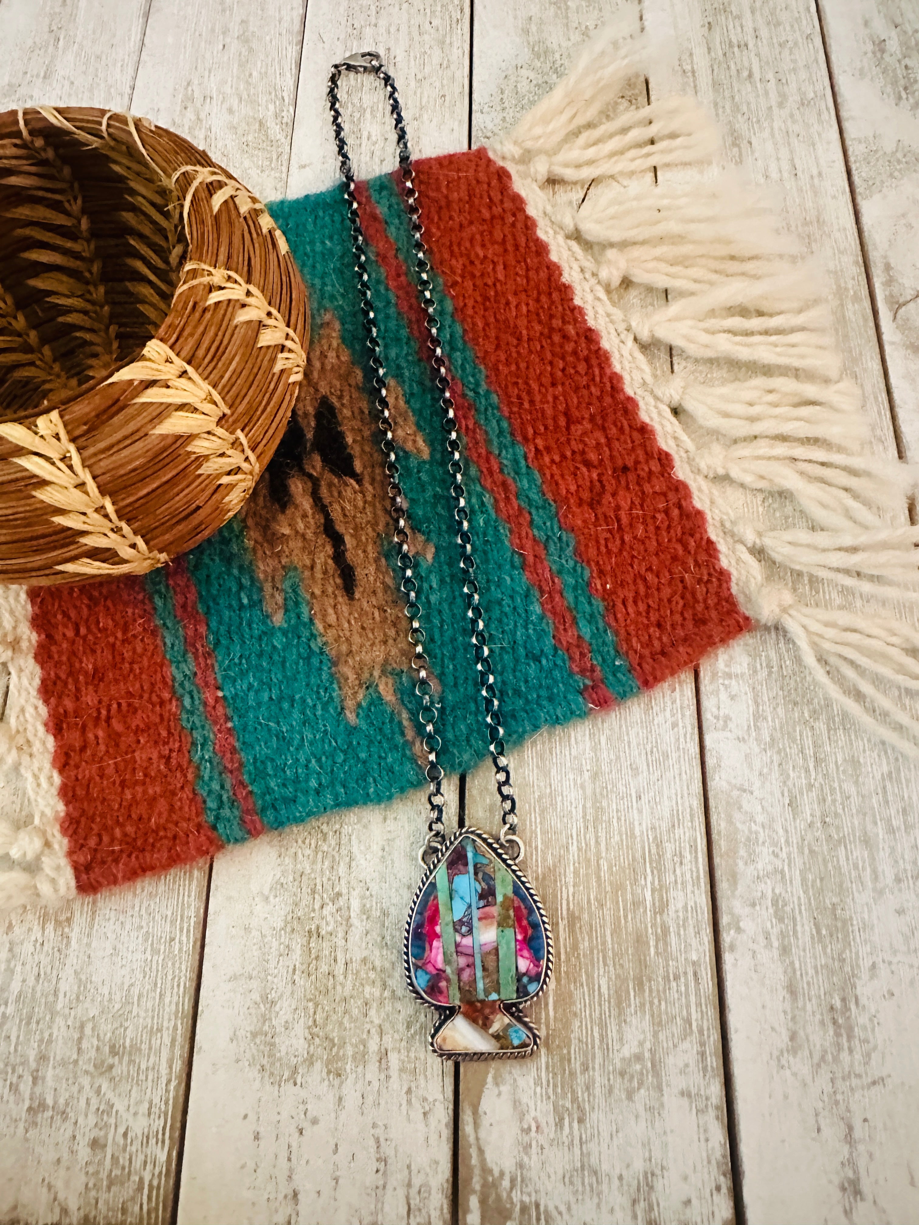 Navajo Sterling Silver & Multi Stone Inlay Spade Necklace