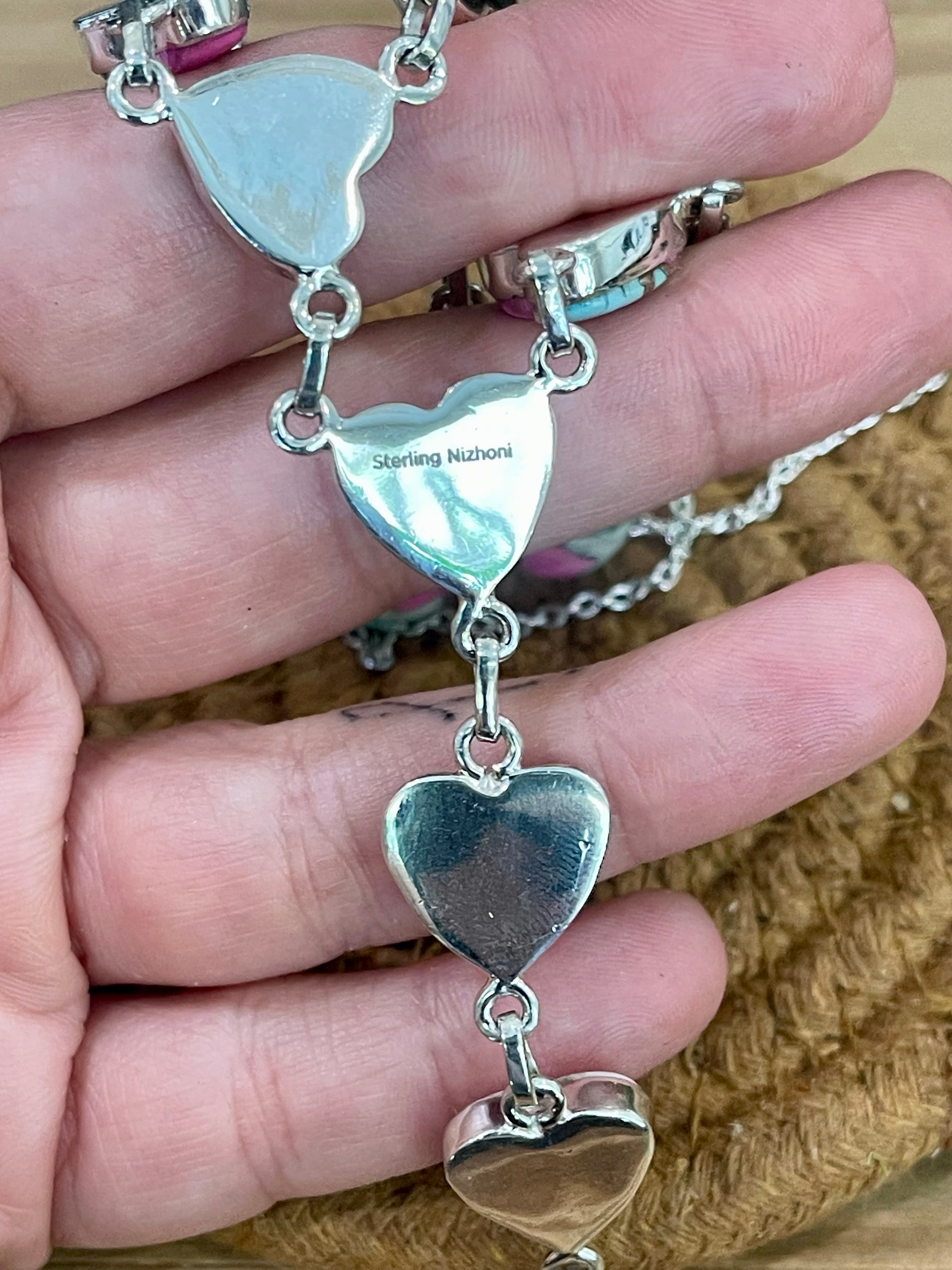 Handmade Sterling Silver Cotton Candy Turquoise Heart Drop Necklace with Signed Nizhoni