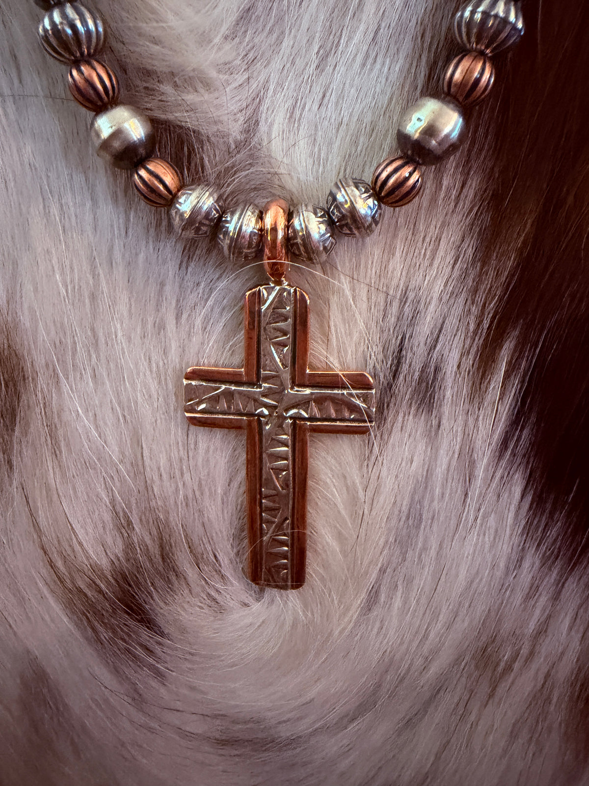 Handcrafted Copper and Sterling Silver Cross Beaded Necklace by Landon Secatero