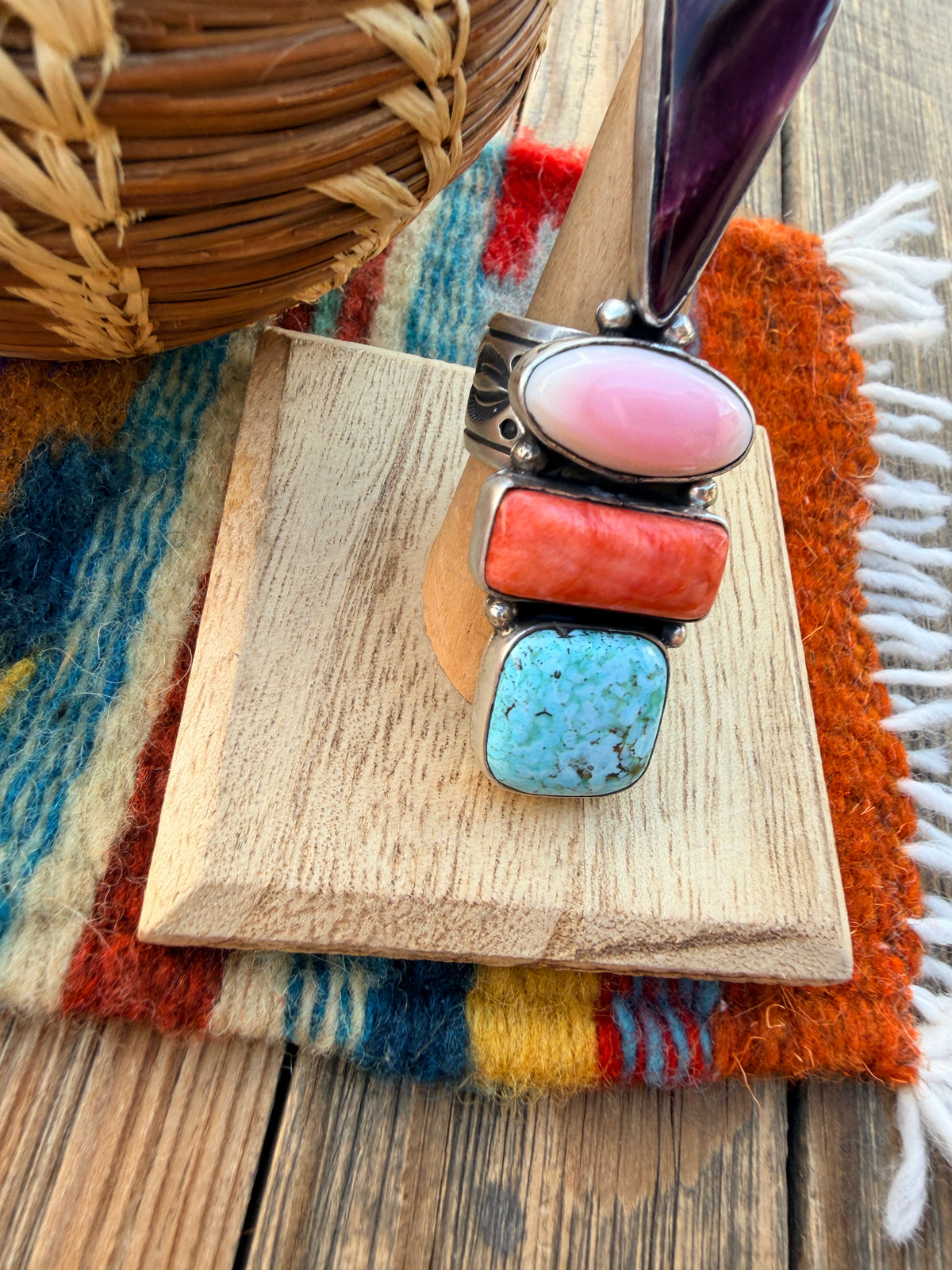 Handcrafted Spiny Oyster, Turquoise, Pink Conch & Sterling Silver Adjustable Ring